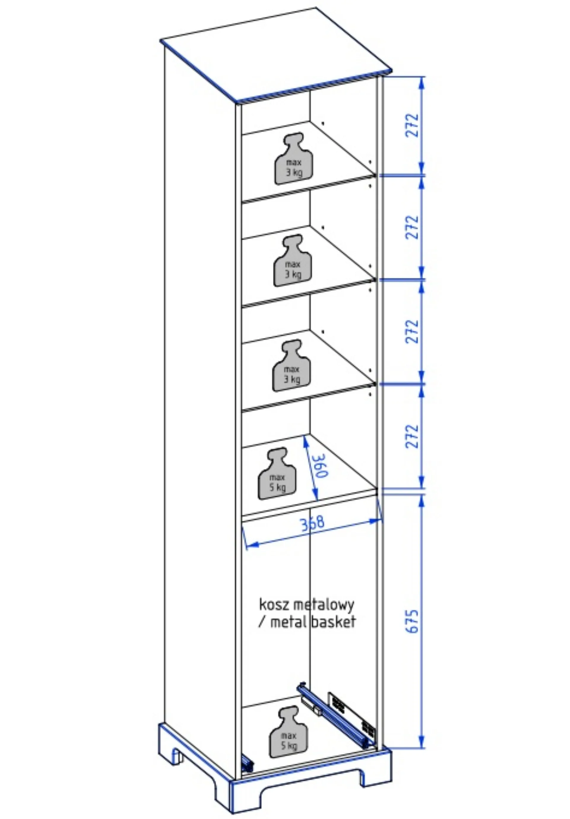 BADEDU RILA Hochschrank 43 cm breit, Weiß matt, 1 Tür, Wäschekorb unten mit Auszug