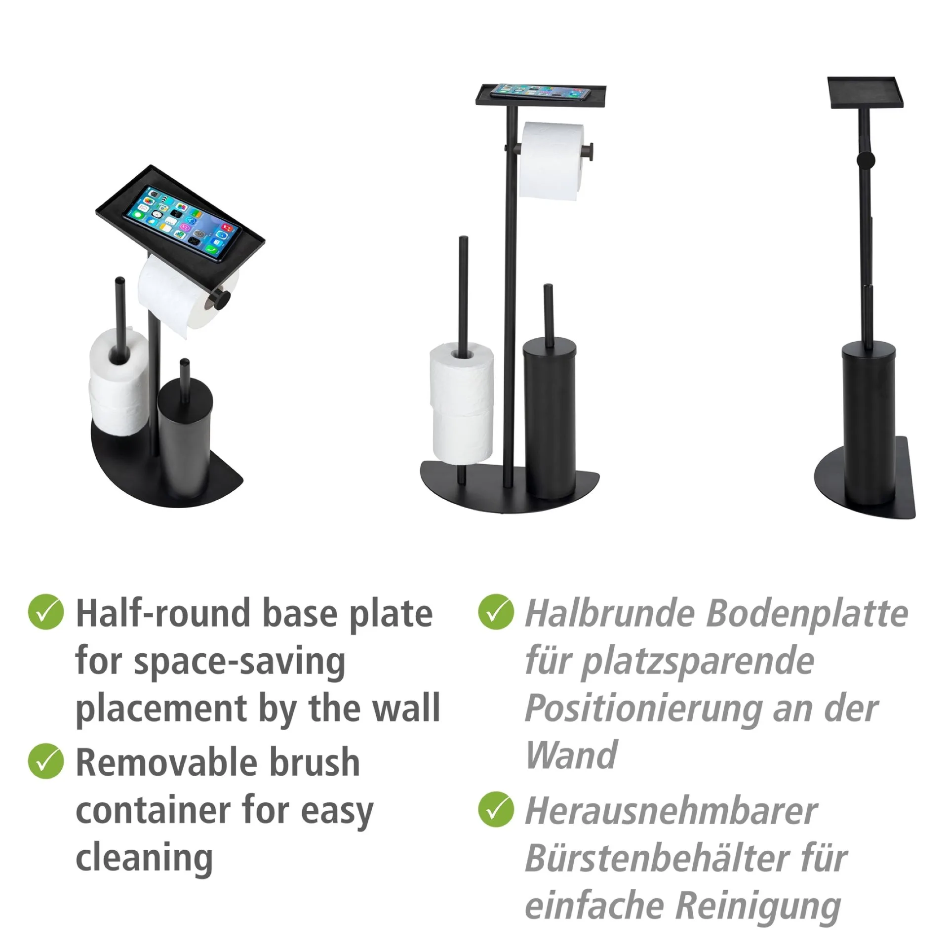WENKO COSENZA NEO WC-Garnitur, Schwarz, mit Toilettenpapierhalter, Bevorrater und Ablage, stehend