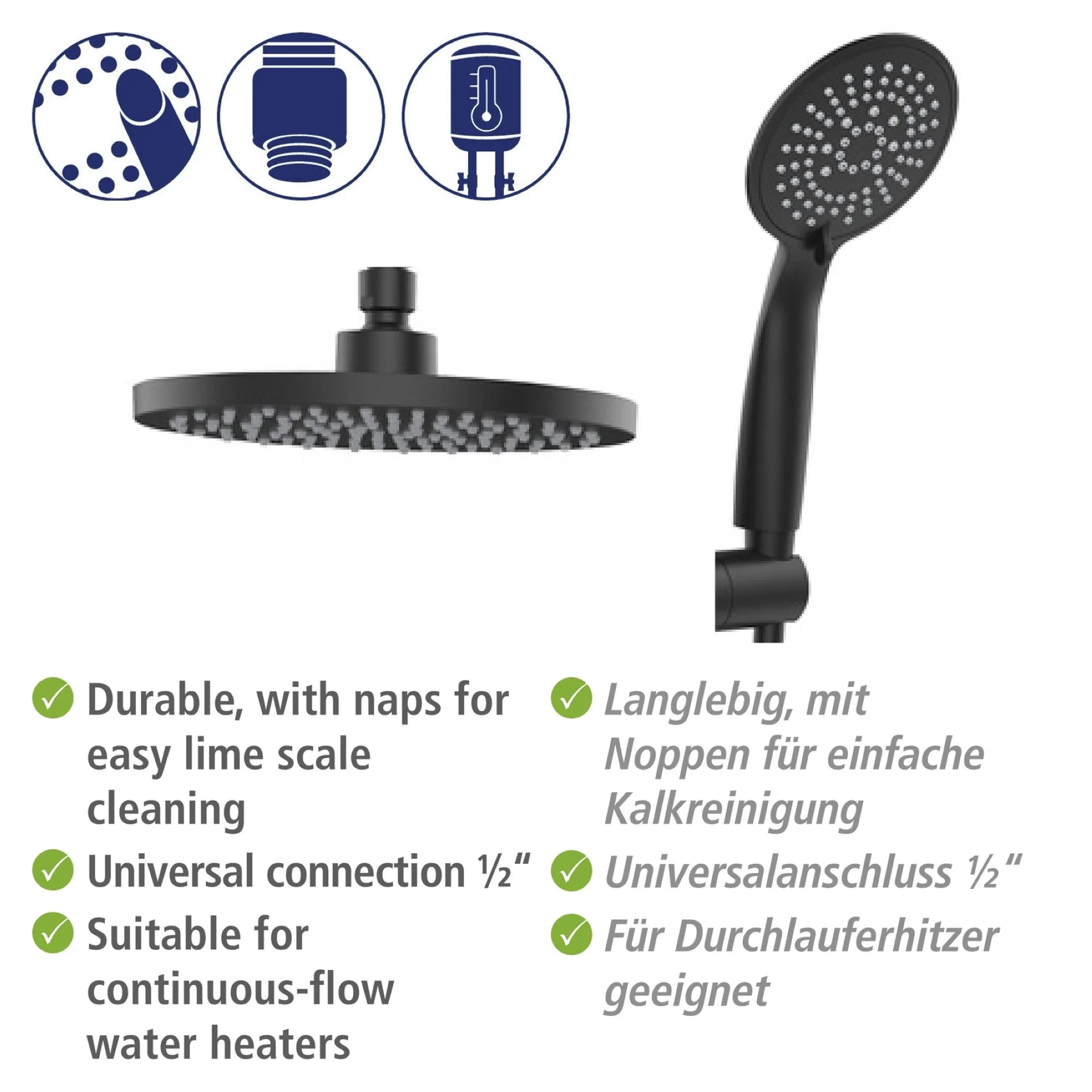 WENKO YOUNG ECO Duschsystem, Schwarz, mit Wassersparsystem, 5 verschiedene Wasserstrahlarten, Duschthermostat