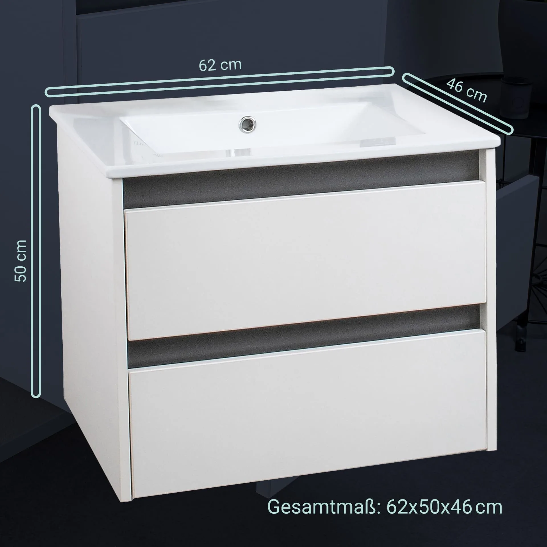 BADEDU BYK Waschbecken mit Unterschrank 60 cm breit, Weiß/Braun/Anthrazit, Waschbecken Keramik Weiß, Blende tauschbar