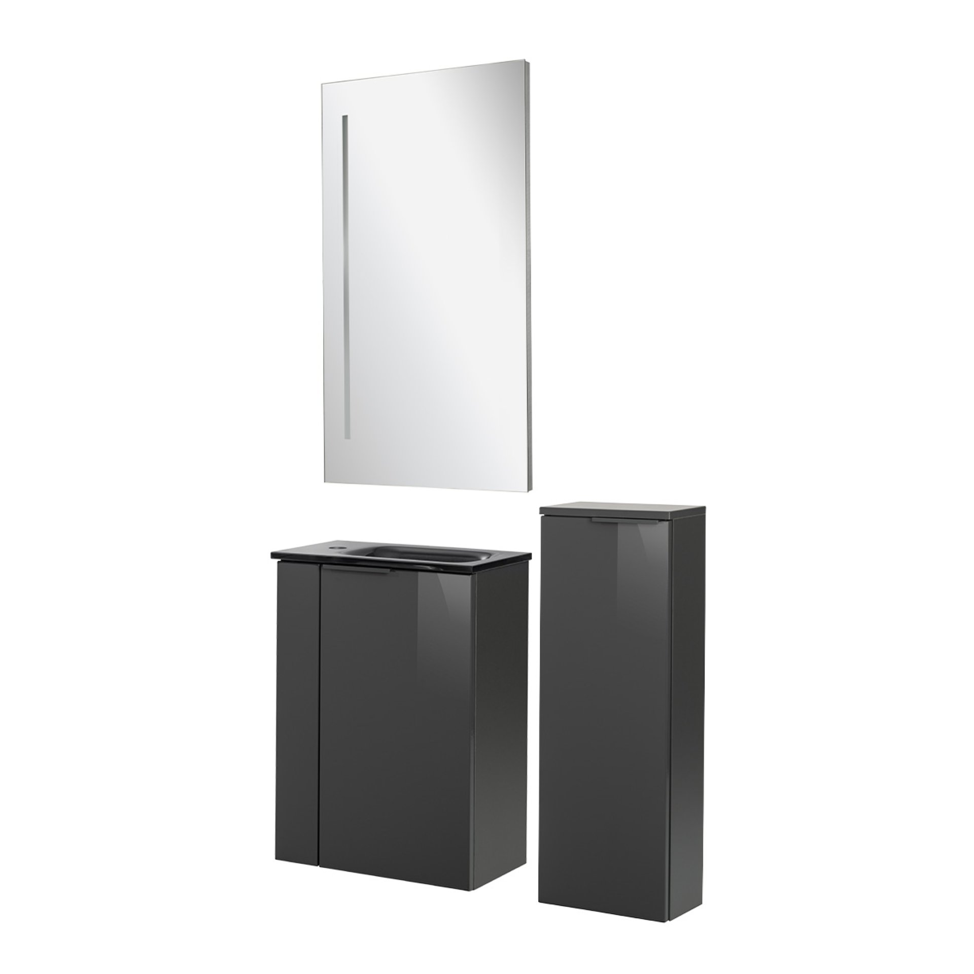 Fackelmann SBC LUNA Gäste WC Set 4-teilig 45 cm, Anthrazit, Glas Anthrazit, LED-Spiegel+Midischrank slim