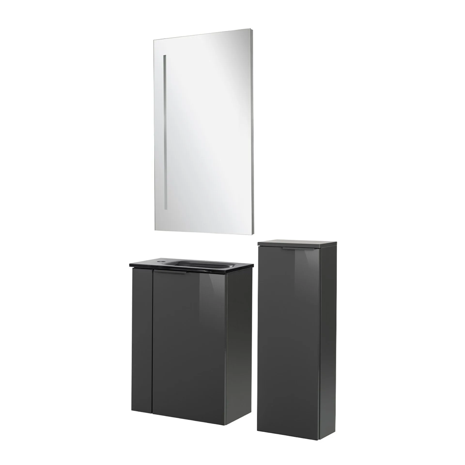 FACKELMANN SBC LUNA Gäste WC Set 4-teilig 45 cm breit, Anthrazit, Waschbecken Glas Anthrazit + LED Spiegel + Midischrank slim, Türanschlag rechts