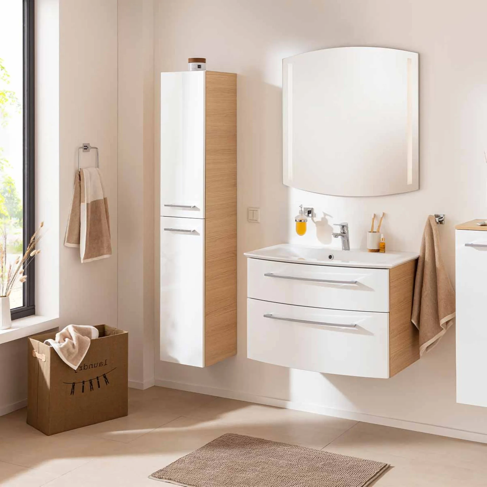 FACKELMANN B.STYLE Waschbecken mit Unterschrank 83 cm breit, Weiß/Braun, Waschbecken Gussmarmor Weiß