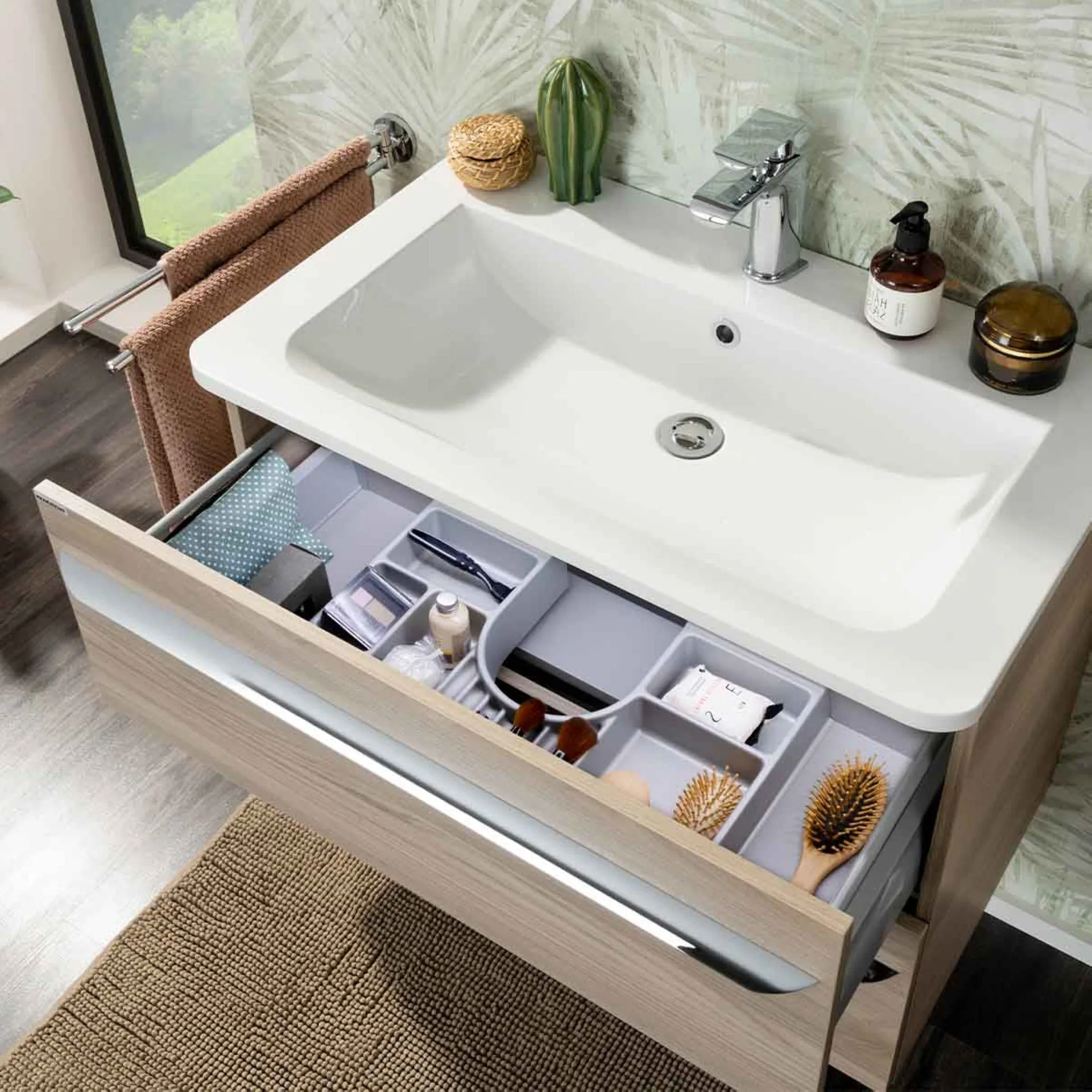FACKELMANN LUXOR Waschtisch Set mit Spiegelschrank 80 cm breit, Braun hell, Waschbecken Gussmarmor Weiß