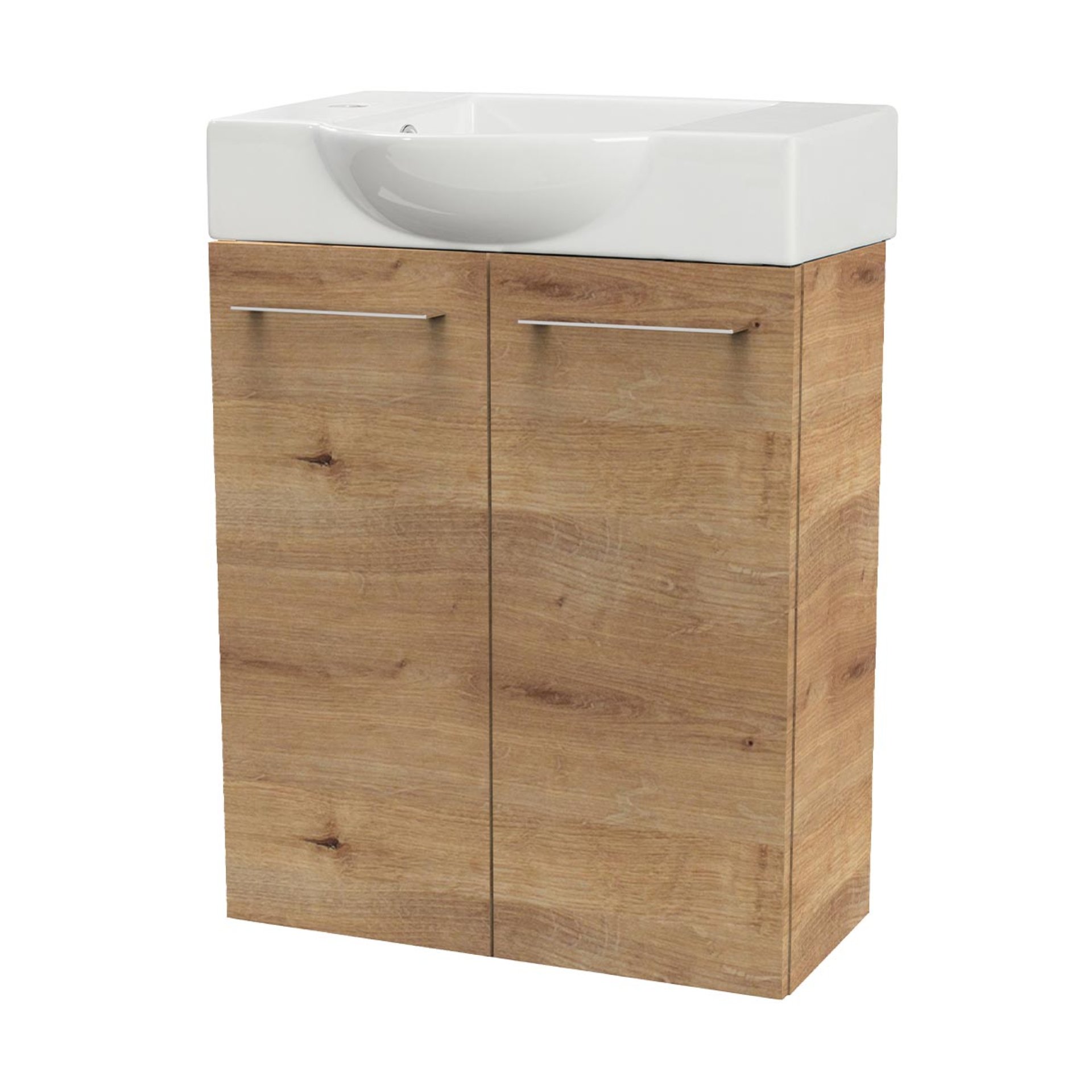 FACKELMANN SBC MILANO Gäste WC Waschtisch Set 55 cm breit, Braun hell, Waschbecken Keramik Weiß, Hahnloch links