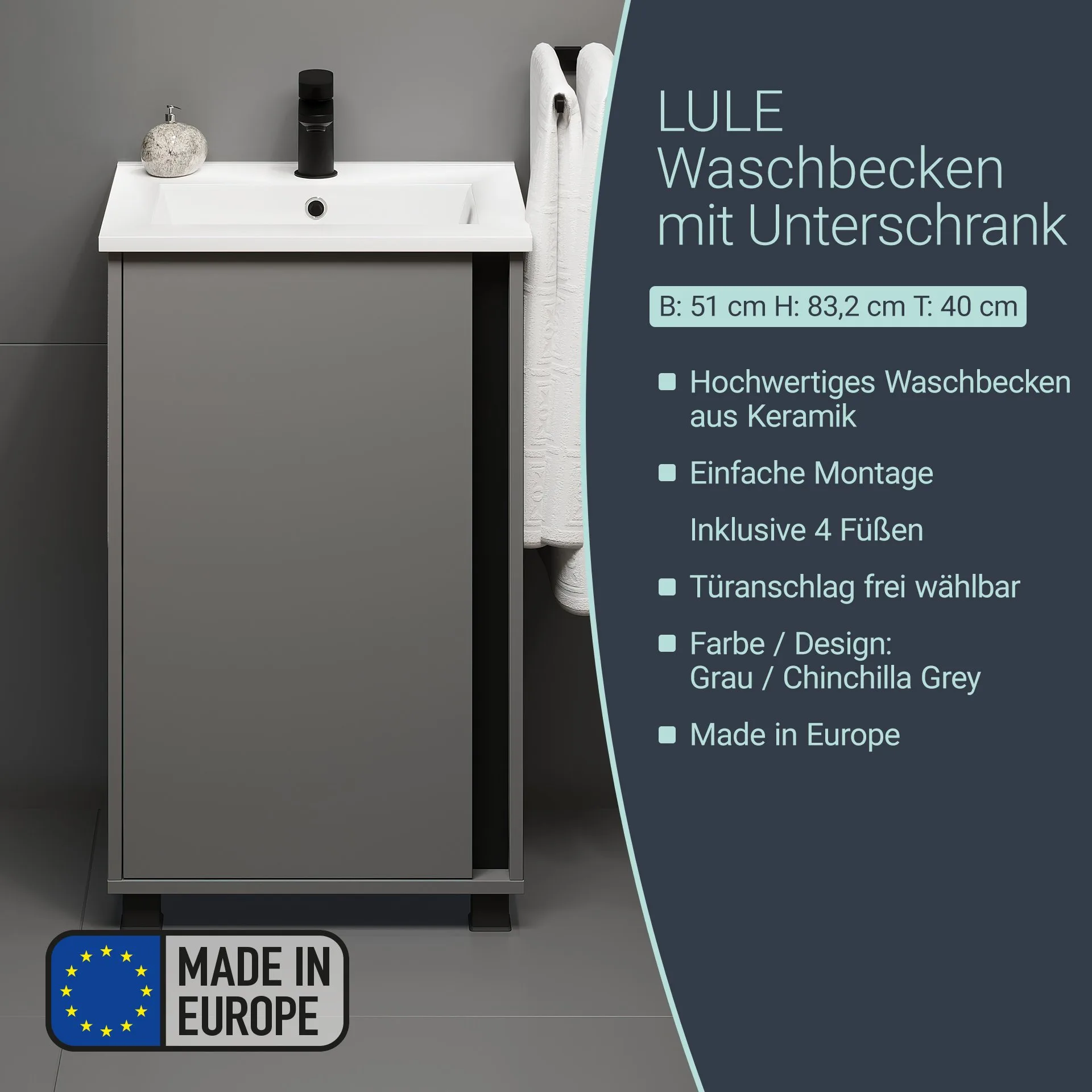 BADEDU LULE Gäste WC Waschtisch Set  51 cm breit, Grau, Waschbecken Keramik Weiß, mit Füßen