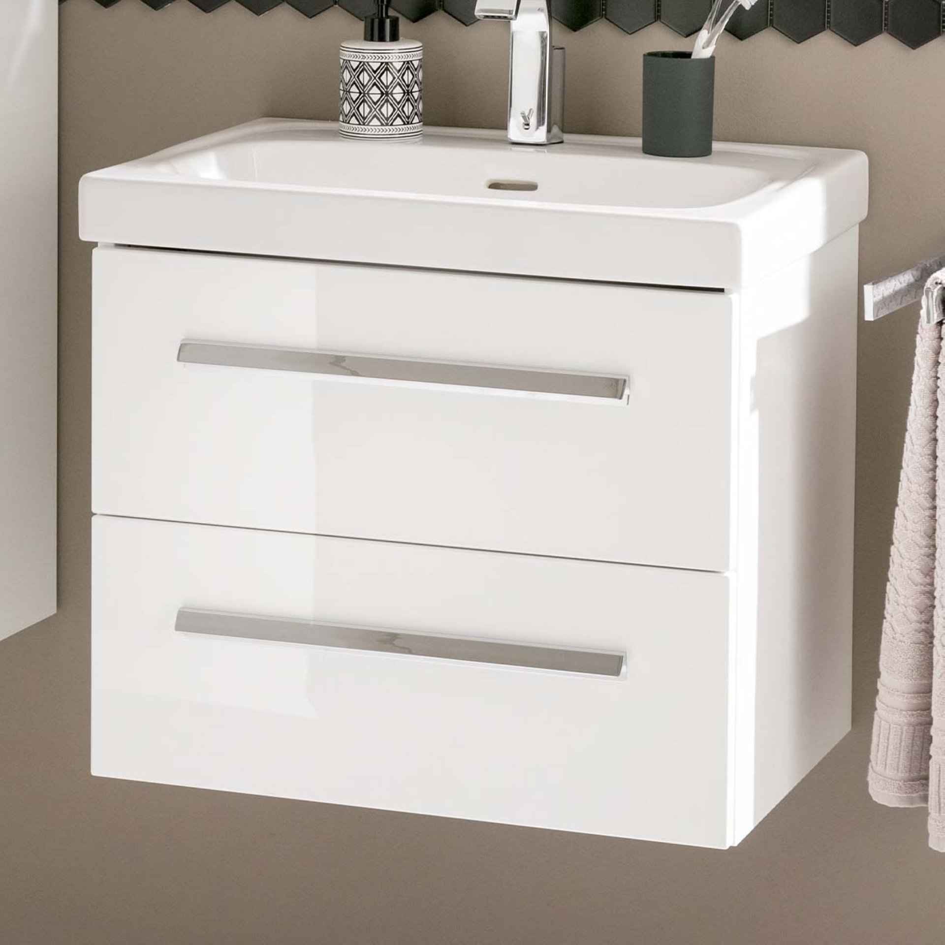 LANZET K1 Waschbecken mit Unterschrank, 61 cm breit, Weiß, Waschbecken Keramik Weiß