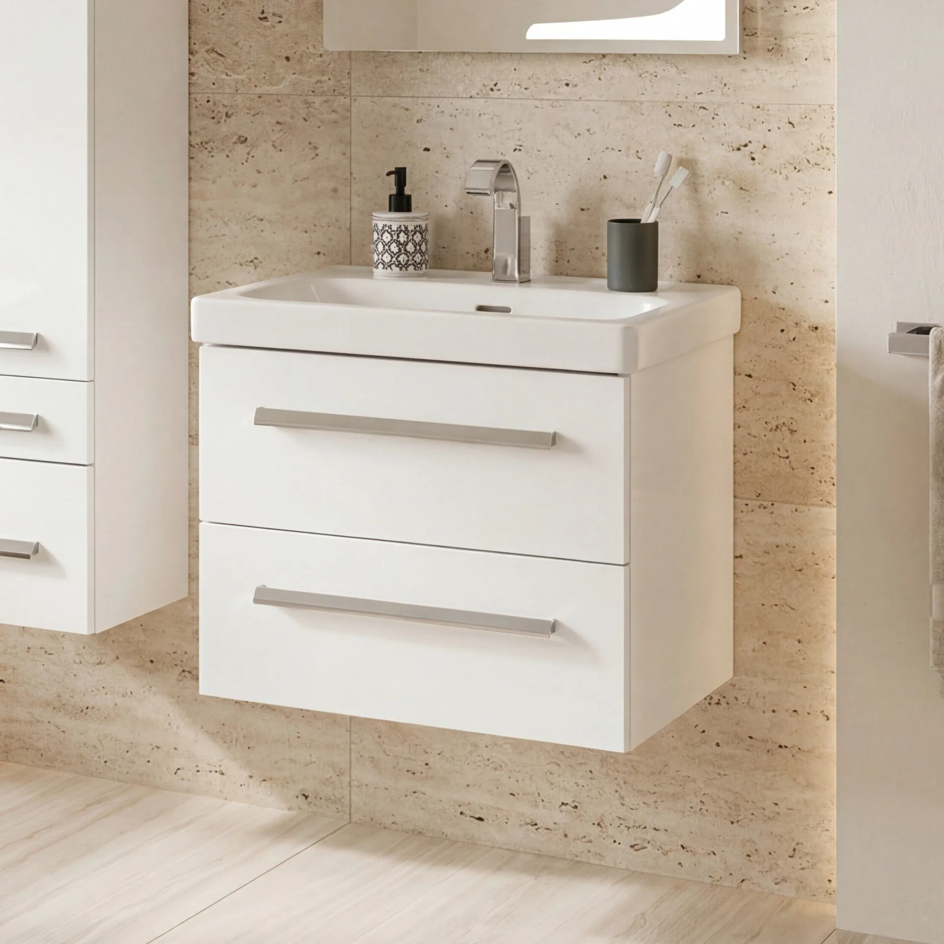 LANZET K1 Waschbecken mit Unterschrank, 61 cm breit, Weiß, Waschbecken Keramik Weiß