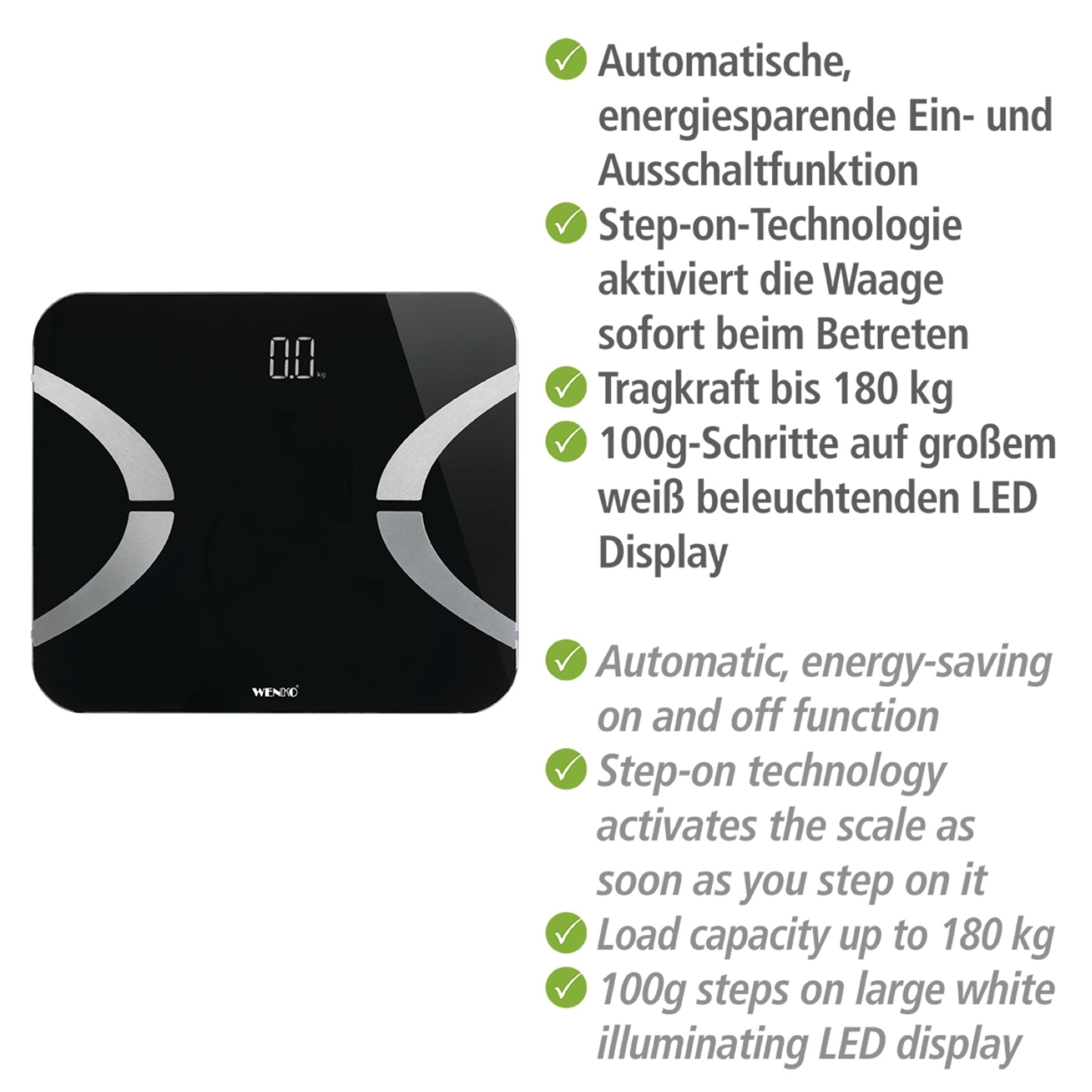 WENKO Personenwaage, Schwarz, LED, mit Bluetooth, Analysewaage, Körperfettwaage