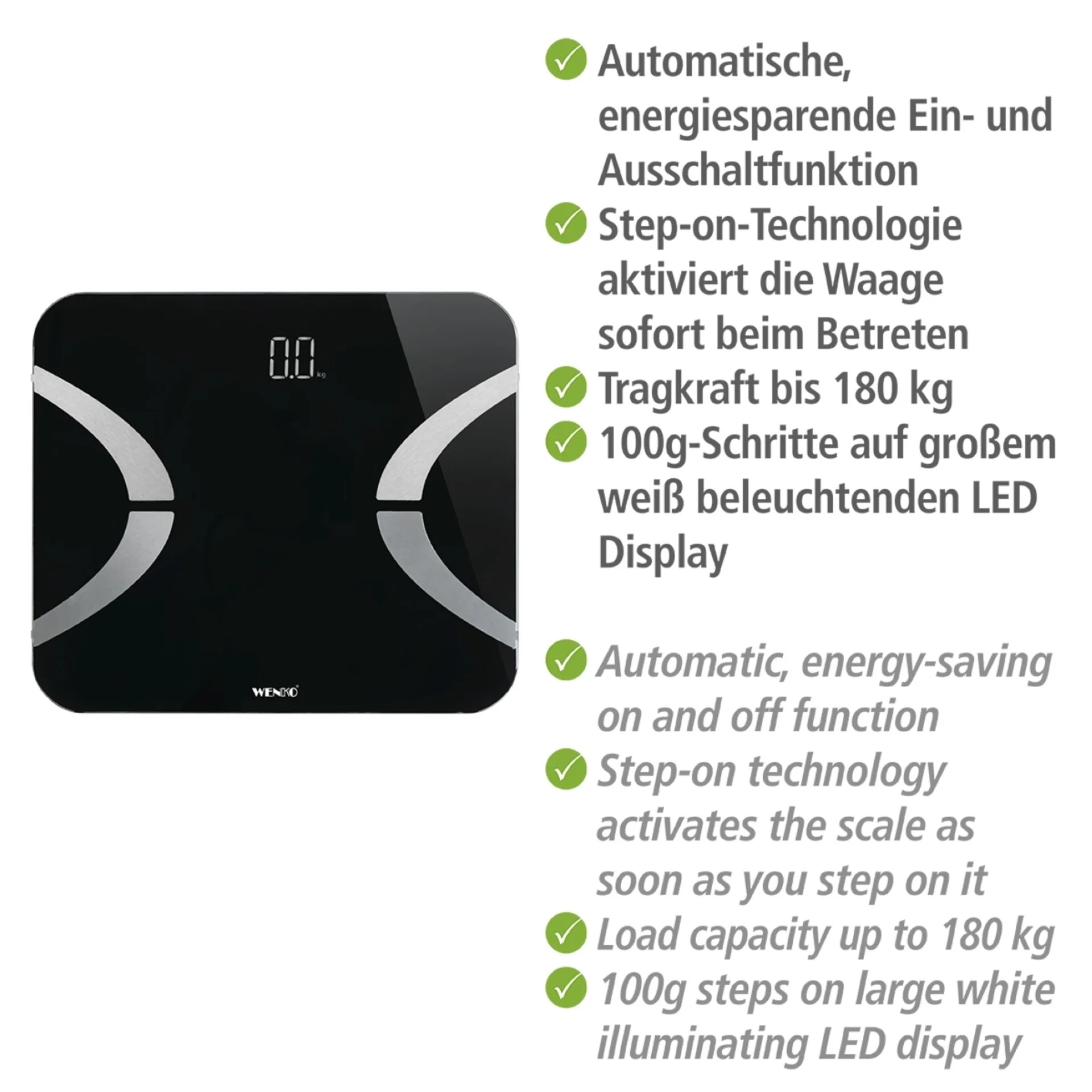 WENKO Personenwaage, Schwarz, LED, mit Bluetooth, Analysewaage, Körperfettwaage