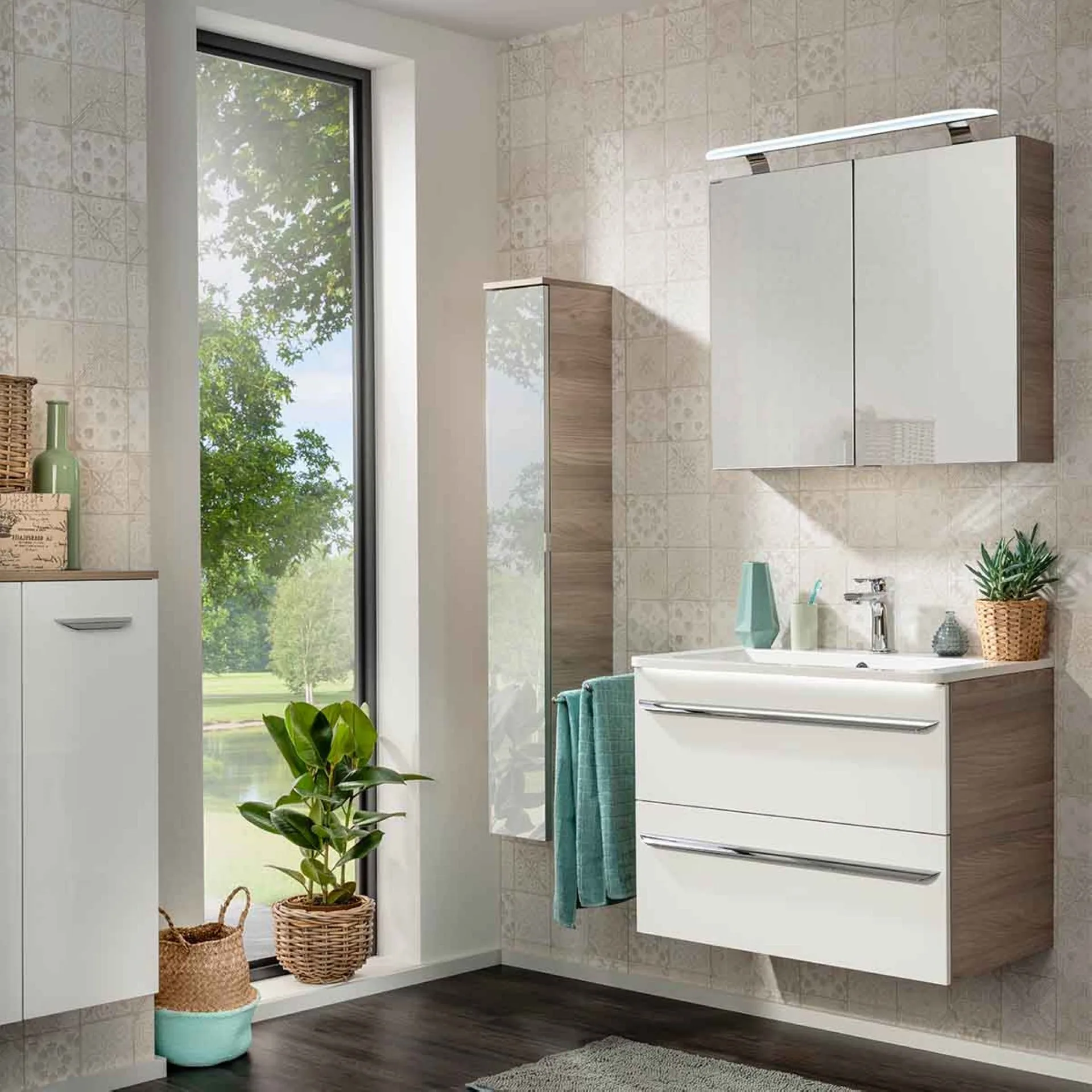 FACKELMANN LUXOR Waschbecken mit Unterschrank 80 cm breit, Weiß/Braun hell, Waschbecken Gussmarmor Weiß