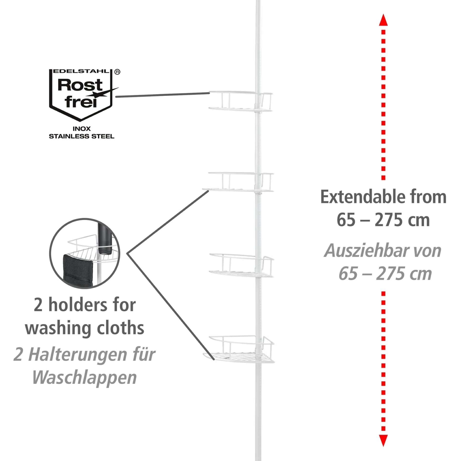 WENKO DOLCEDO Dusch Eckablage, Weiß matt, 4 Etagen, Edelstahl rostfrei, zum Einklemmen