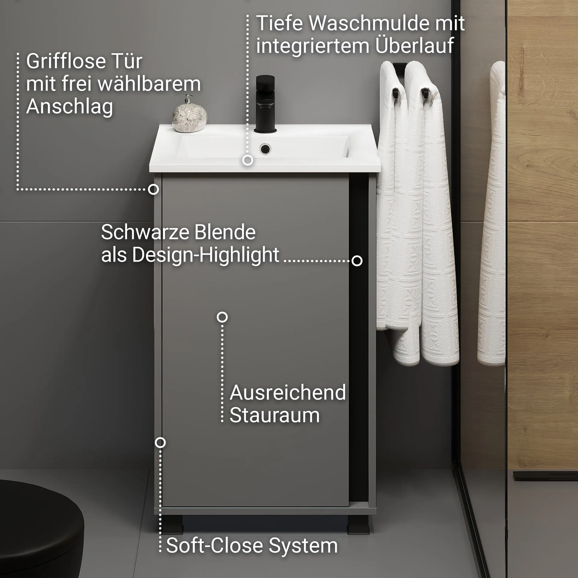 BADEDU LULE Gäste WC Waschtisch Set  51 cm breit, Grau, Waschbecken Keramik Weiß, mit Füßen