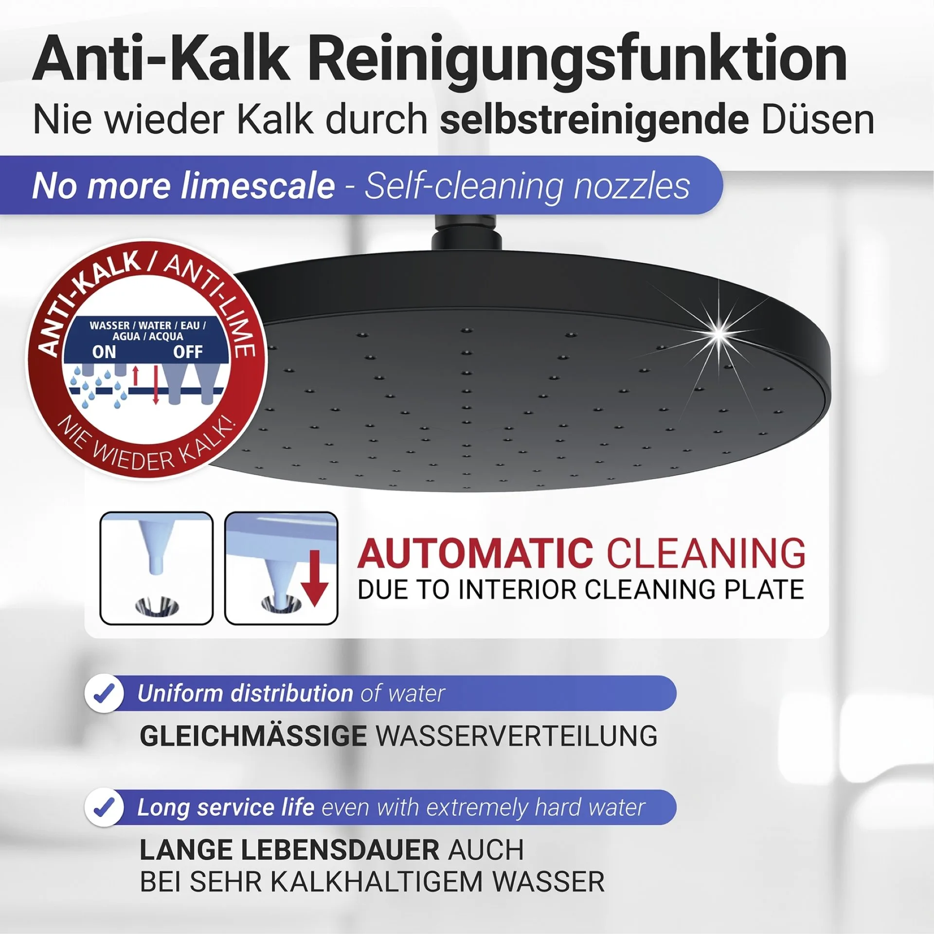 WENKO Duschkopf Regendusche Ø 22,5 cm, Schwarz, mit Automatischer Reinigungsfunktion