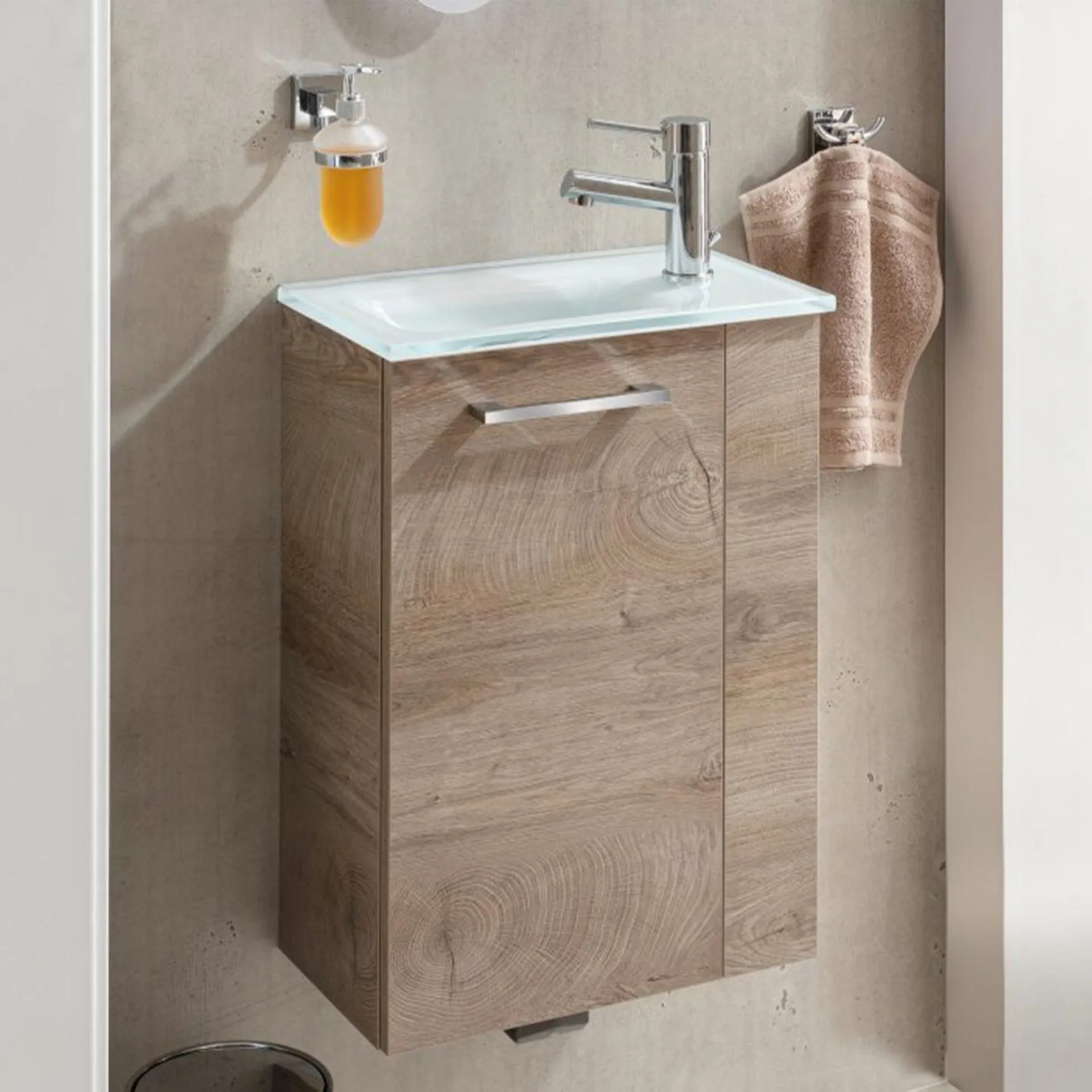 FACKELMANN SBC STANFORD Waschbeckenunterschrank Gäste WC 45 cm breit, Braun hell, Türanschlag links
