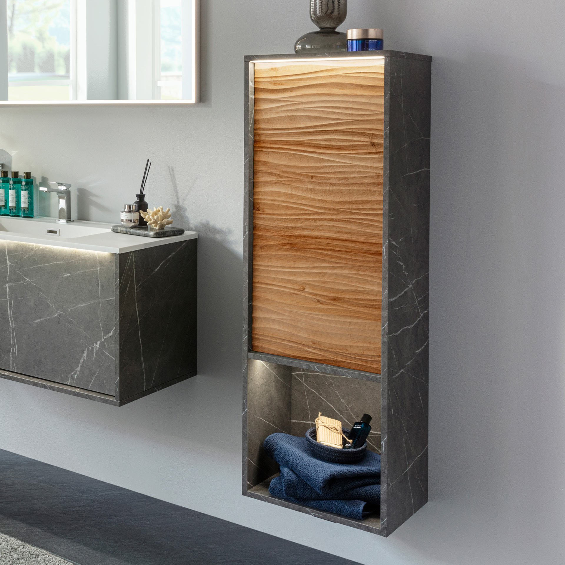 LANZET DUNE Midischrank 40,3 cm breit, Braun hell/Marmor Grau, inkl. LED Beleuchtung