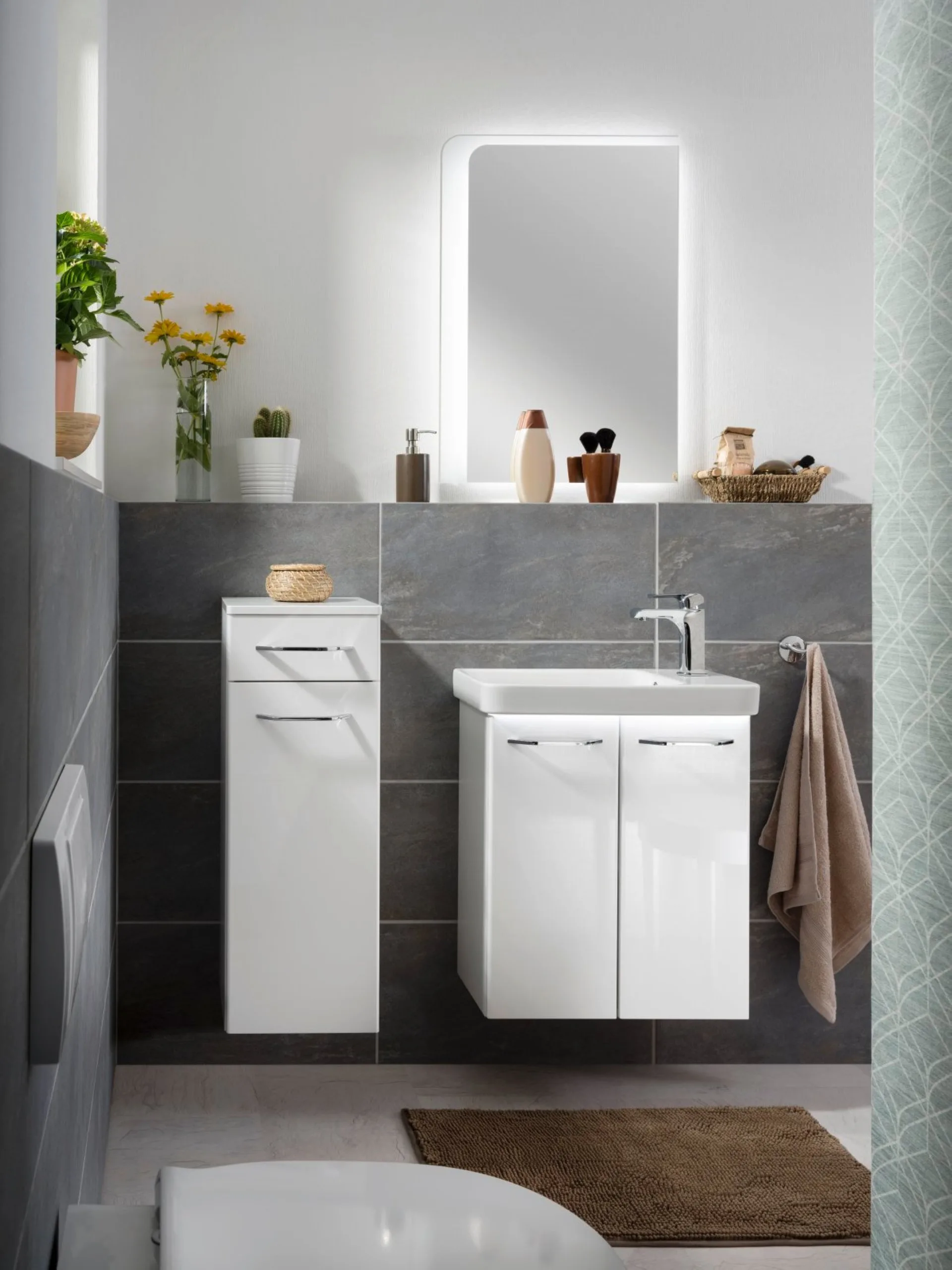 FACKELMANN MILANO Gäste WC Waschtisch Set 55 cm breit, Weiß, Waschbecken Keramik Weiß + Waschbeckenbeleuchtung