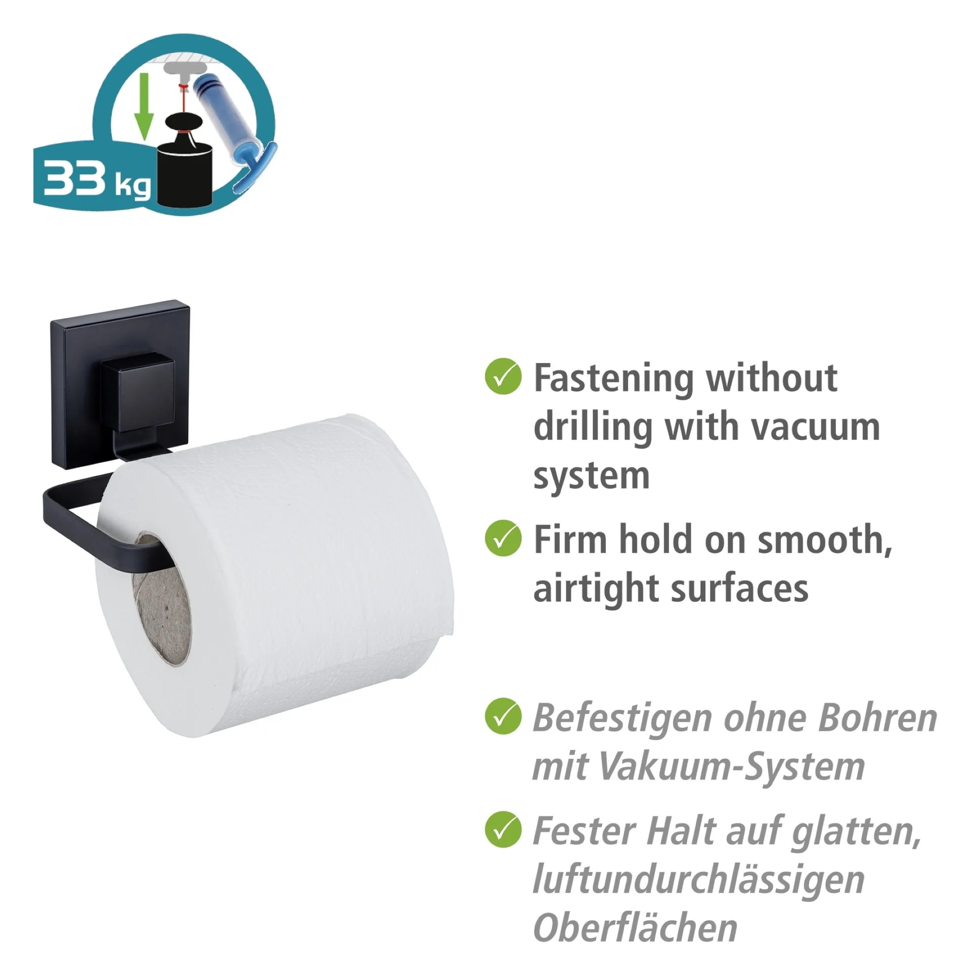 WENKO QUADRO Toilettenpapierhalter, Schwarz, Befestigen ohne Bohren