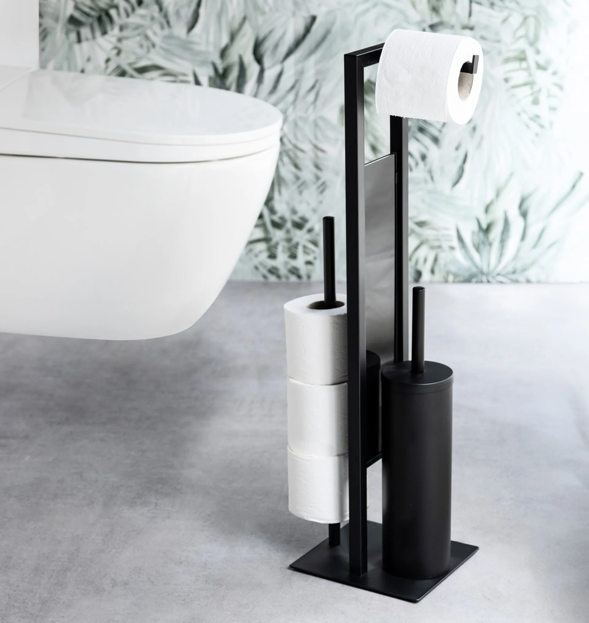 WENKO RIVALTA WC-Garnitur, Schwarz, mit Toilettenpapierhalter und Bevorrater, stehend