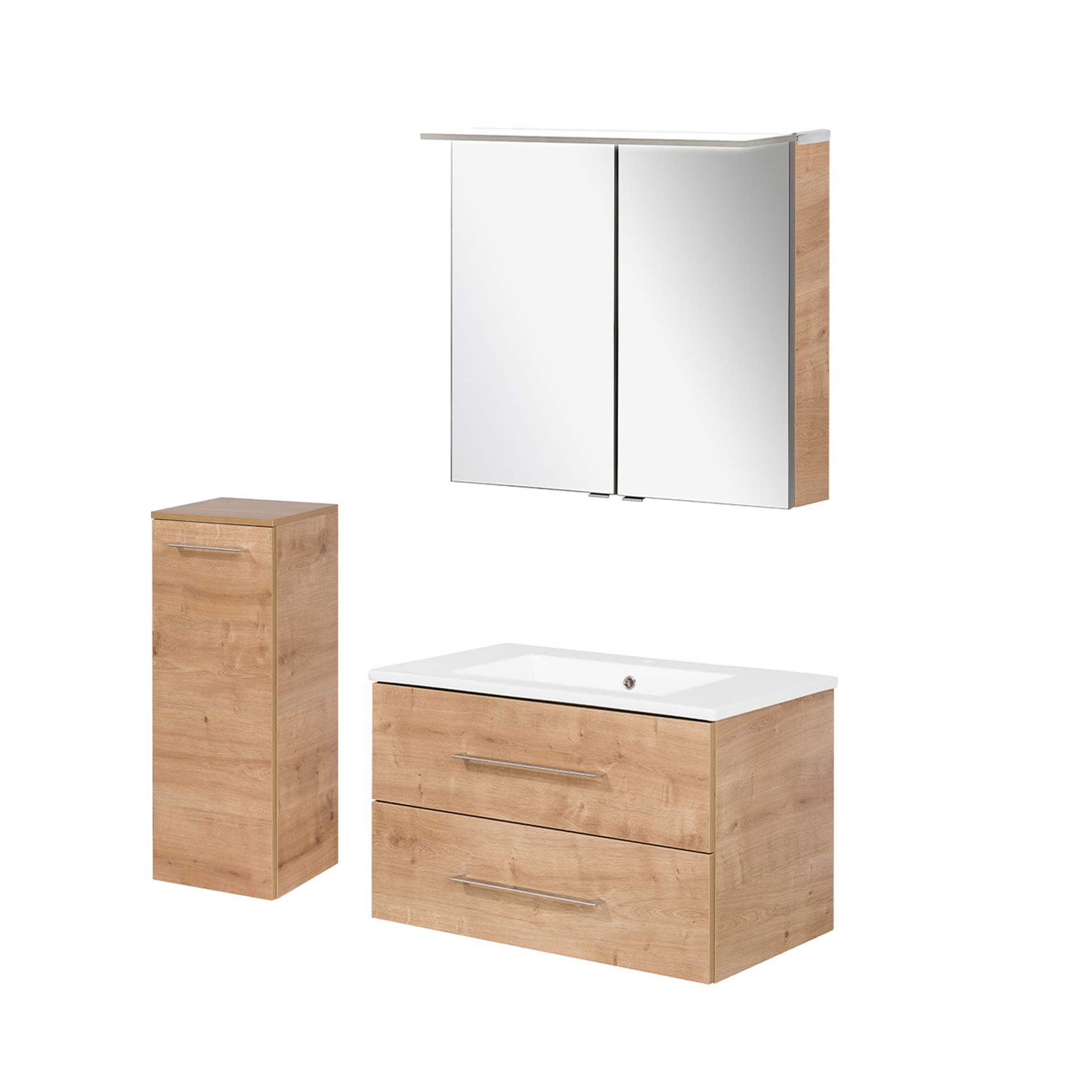 FACKELMANN B.PERFEKT Badmöbel Set 4-teilig 82 cm breit, Braun hell, Waschbecken Keramik Weiß + LED Spiegelschrank + Midischrank