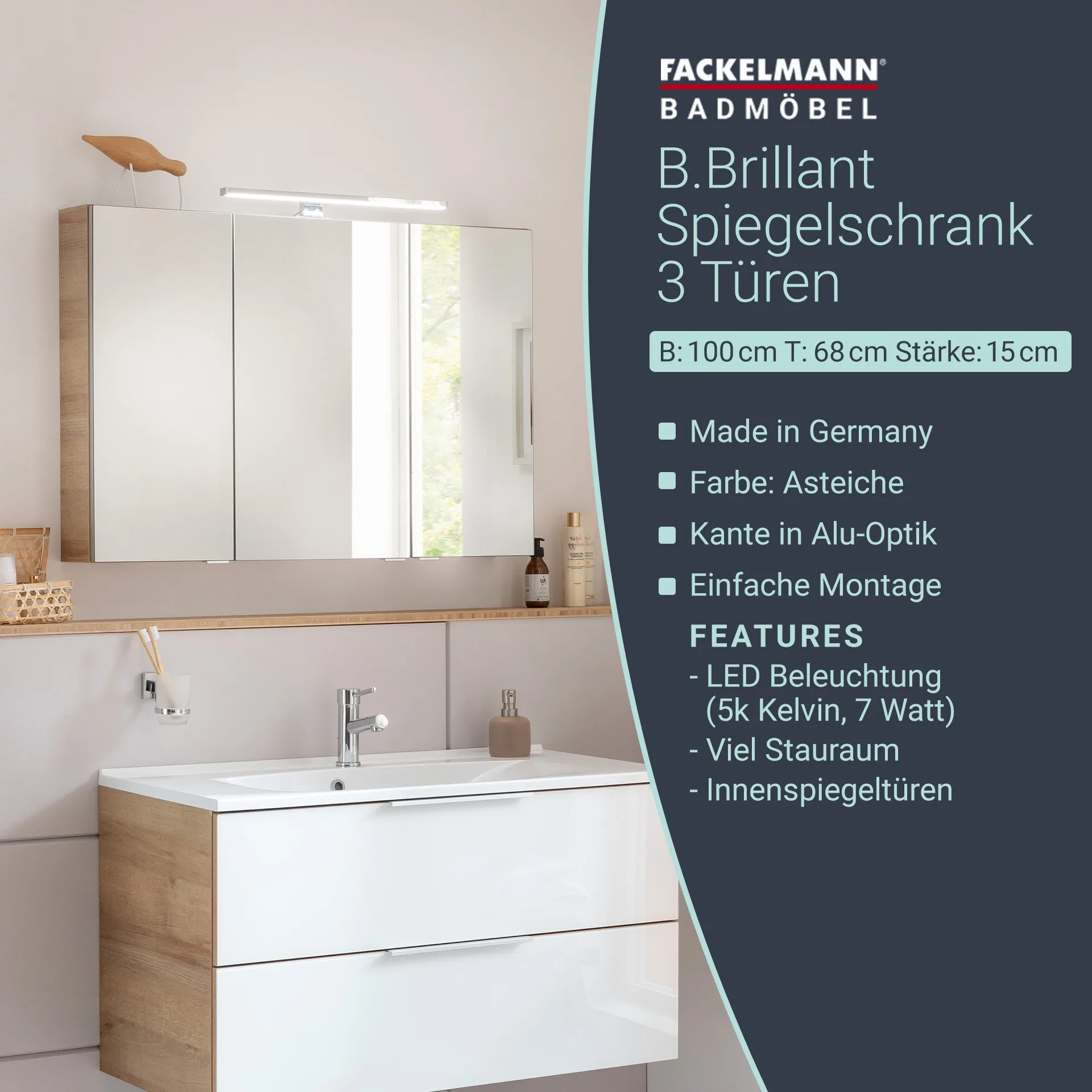 FACKELMANN B.BRILLANT LED Spiegelschrank, 100 cm breit, Braun hell