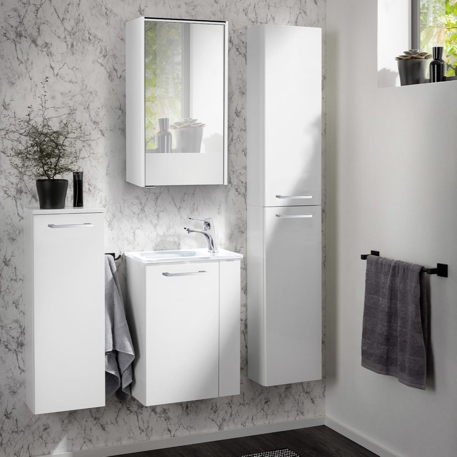 FACKELMANN SBC SCENO Gäste WC Waschtisch Set 45 cm breit, Weiß, Waschbecken Glas Weiß, Türanschlag links