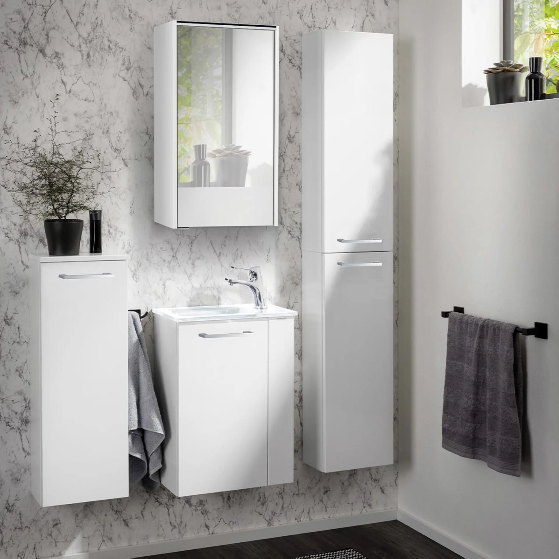 FACKELMANN SBC SCENO Gäste WC Waschtisch Set 45 cm breit, Weiß, Waschbecken Glas Weiß, Türanschlag links