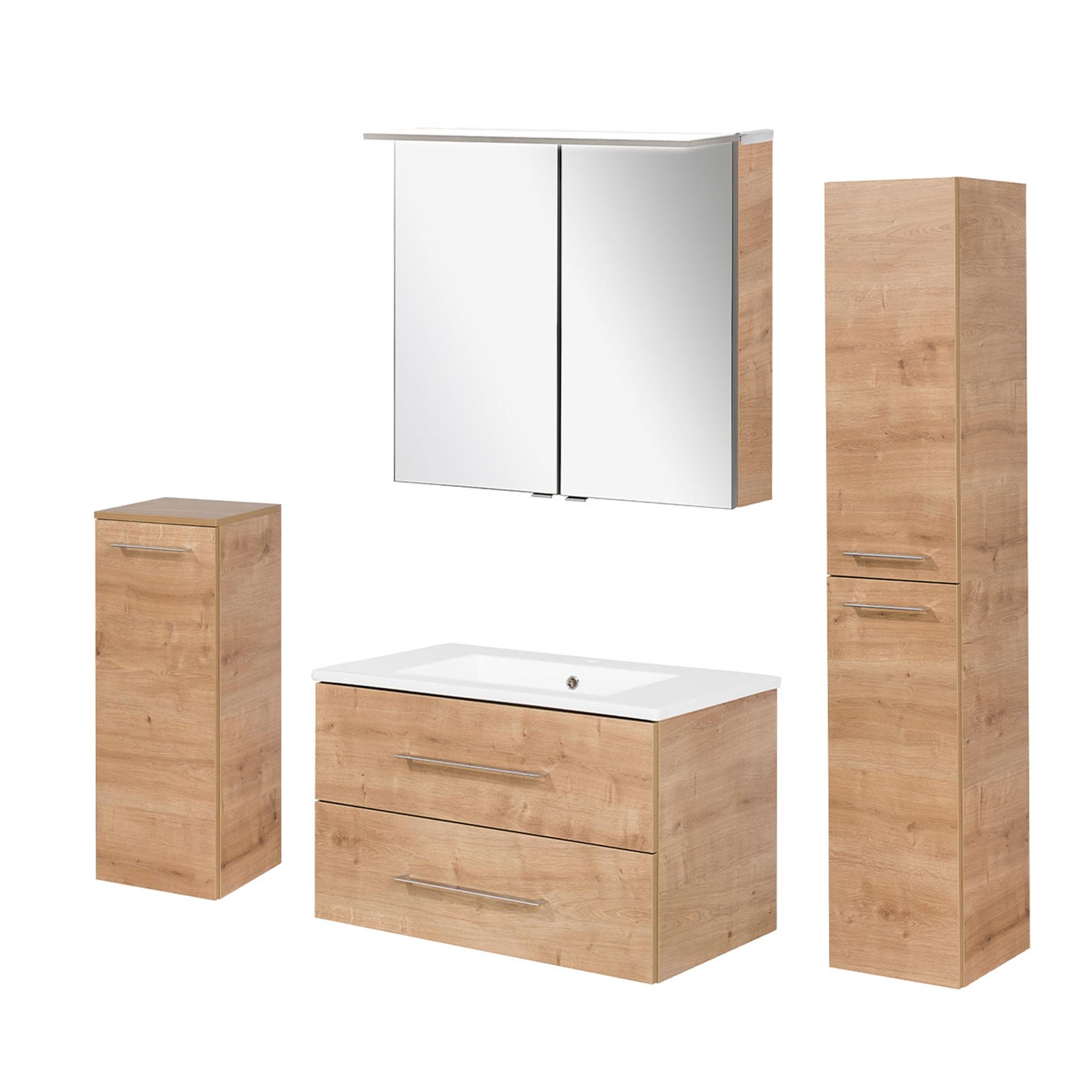 FACKELMANN B.PERFEKT Badmöbel Set 5-teilig 82 cm breit, Braun hell, Waschbecken Keramik Weiß + Spiegelschrank + Midischrank + Hochschrank
