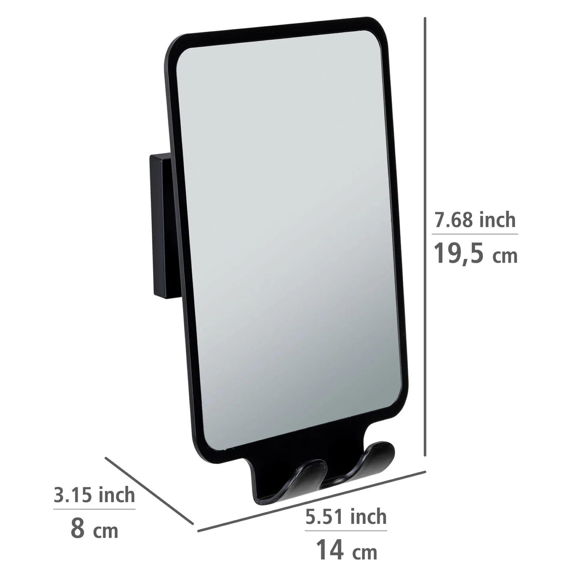 WENKO QUADRO Antibeschlag Spiegel 14 cm breit, Schwarz, Befestigen ohne Bohren