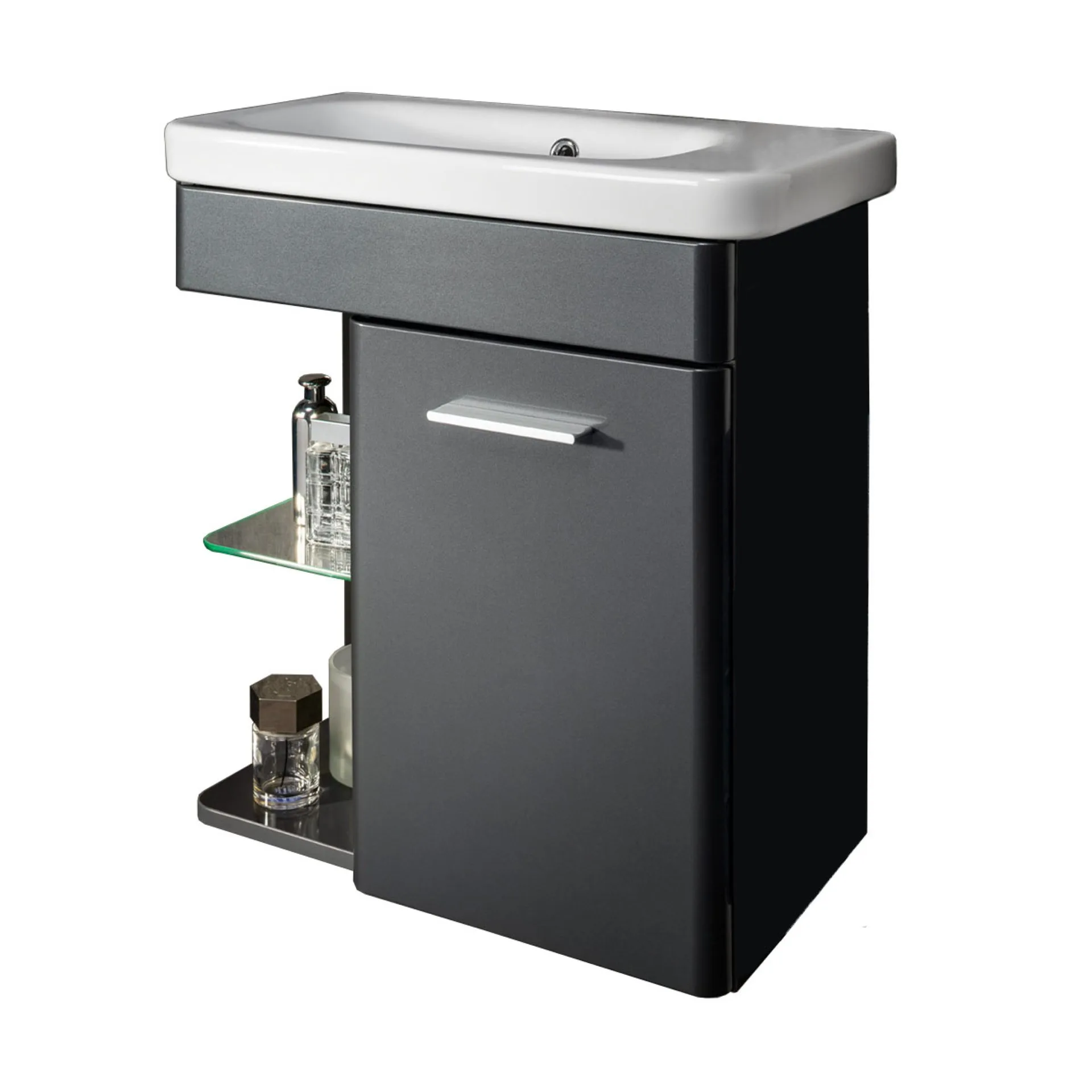 LANZET K8 Gäste WC Waschtisch Set 60 cm breit, Anthrazit, Waschbecken Keramik Weiß, Türanschlag rechts