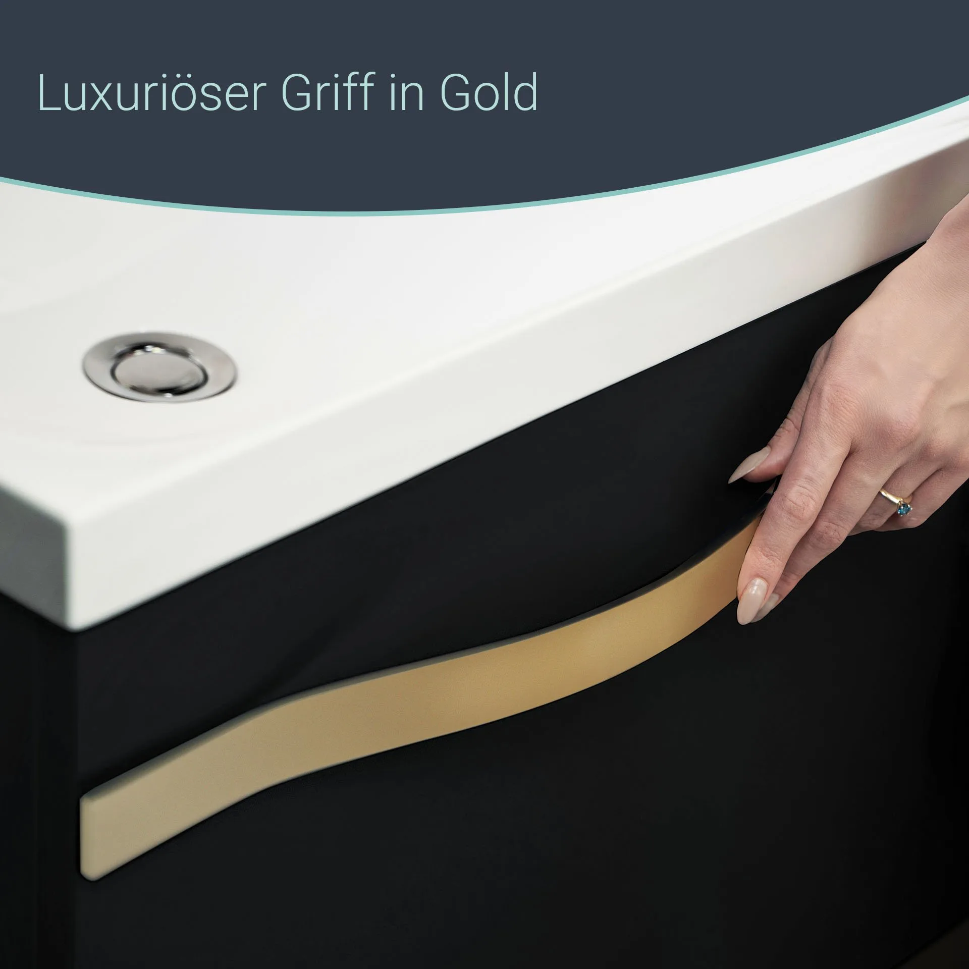 BADEDU FILS Waschbecken mit Unterschrank 69 cm breit, Schwarz, Waschbecken Gussmarmor Weiß, Griff Gold