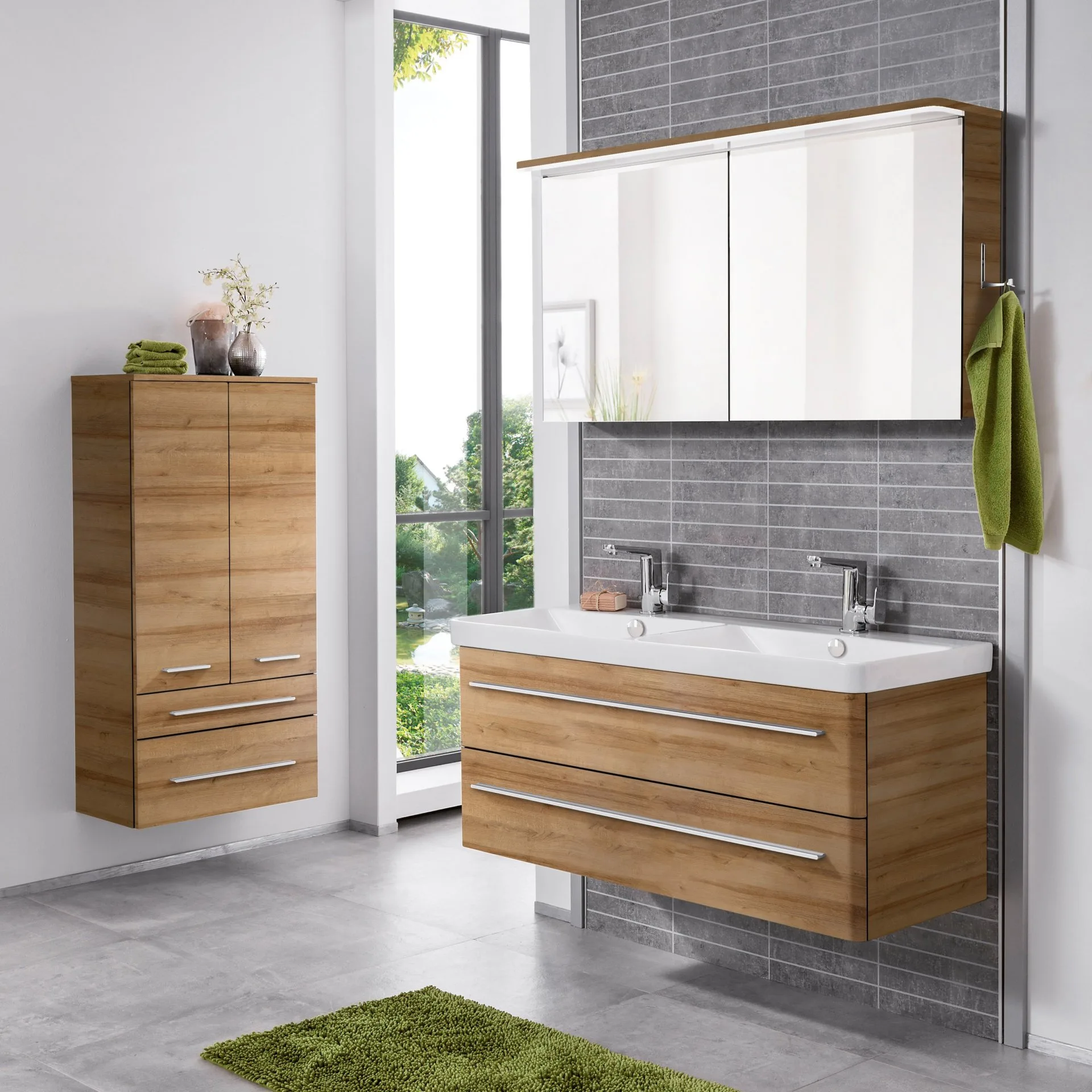 LANZET K8 Waschbecken mit Unterschrank 120 cm breit, Braun hell, Doppelwaschbecken Keramik Weiß