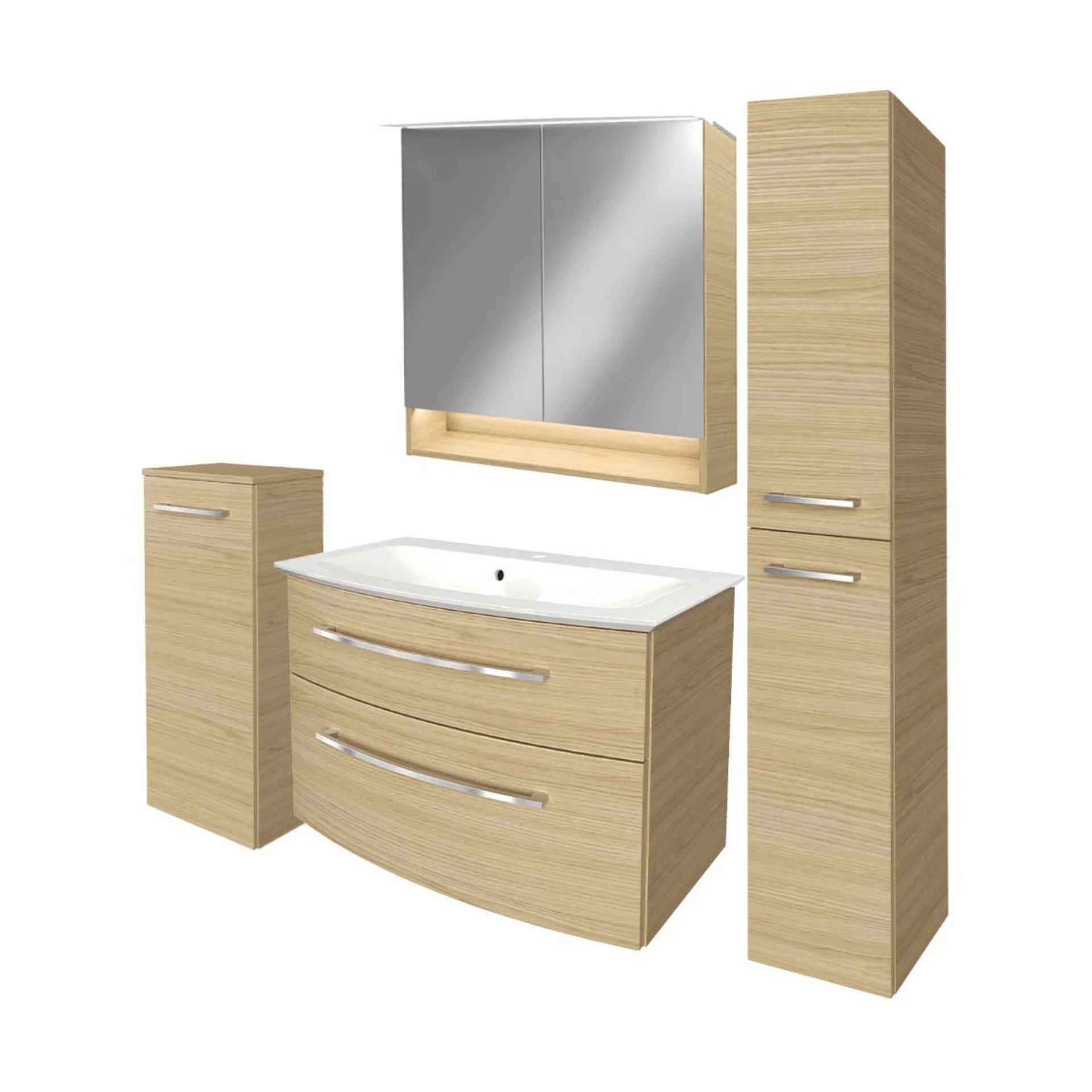 FACKELMANN B.STYLE Badmöbel Set 5-teilig 83 cm breit, Braun + LED Spiegelschrank + Midischrank + Hochschrank