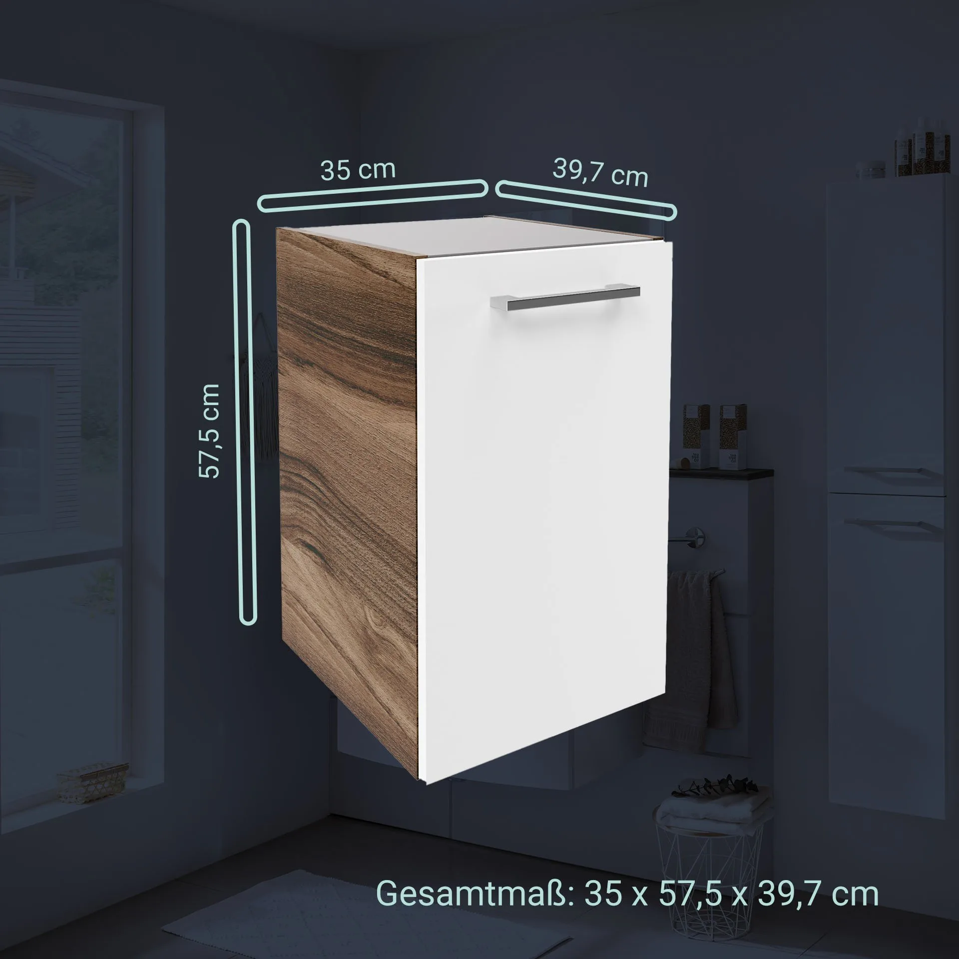 FACKELMANN VERONA Unterschrank 35 cm breit, Weiß Hochglanz/Braun Dunkel, Türanschlag rechts