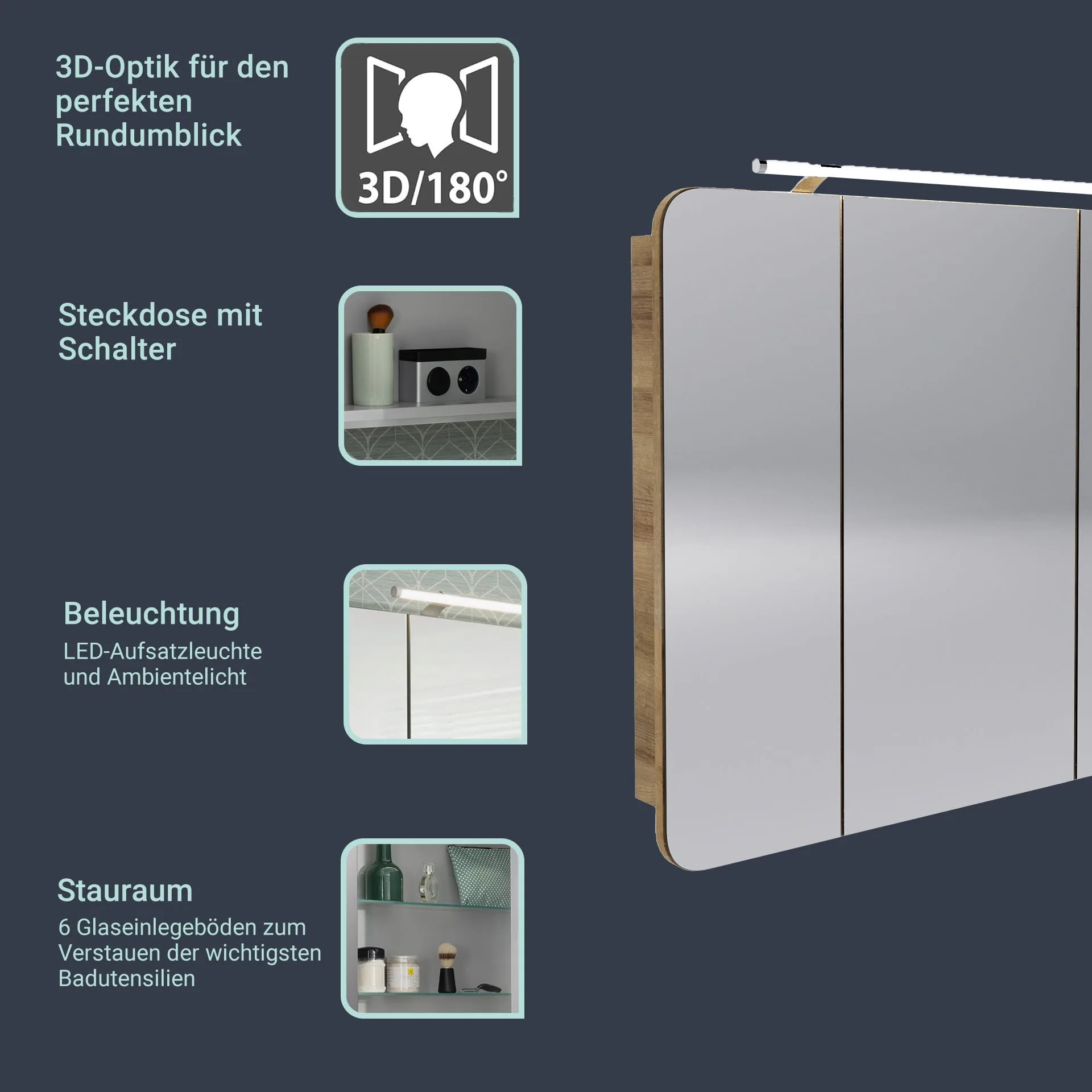 FACKELMANN MILANO LED Spiegelschrank 110 cm breit, Braun hell