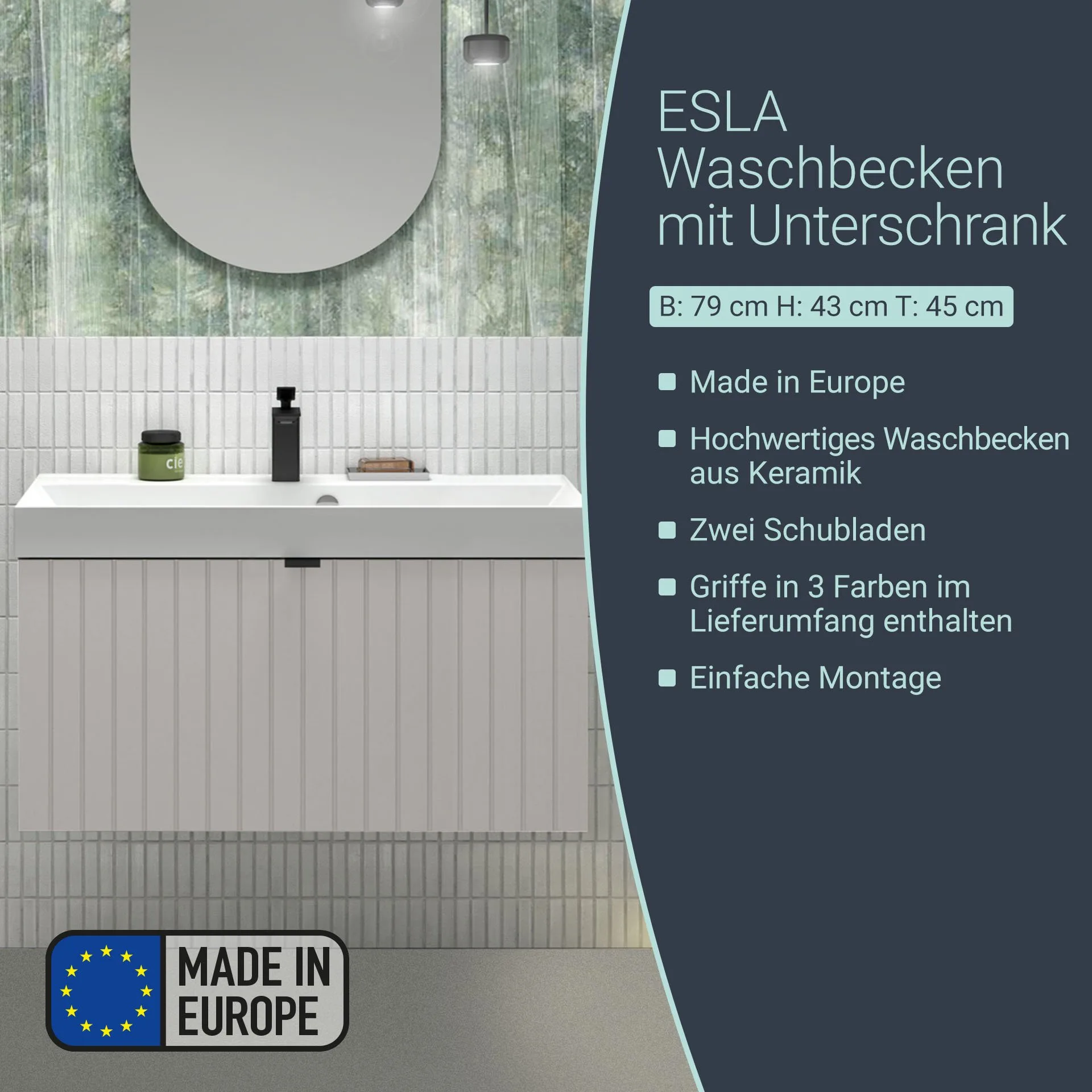 BADEDU ESLA Waschbecken mit Unterschrank 79 cm breit, Grau, Waschbecken Gussmarmor Weiß