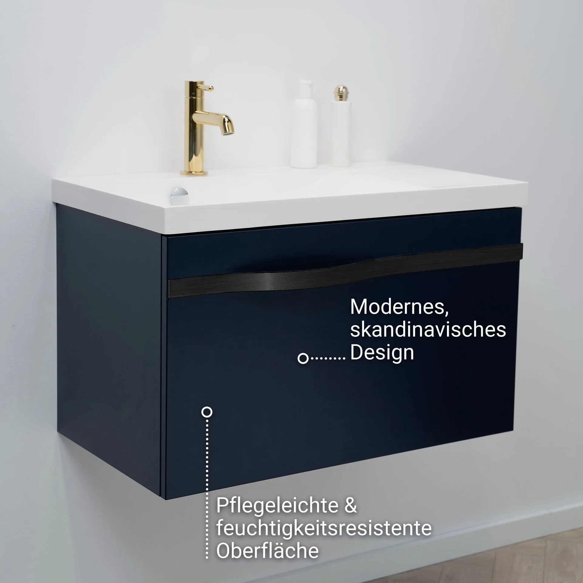BADEDU FILS Waschbecken mit Unterschrank 69 cm breit, Blau, Waschbecken Gussmarmor Weiß, Griff Schwarz