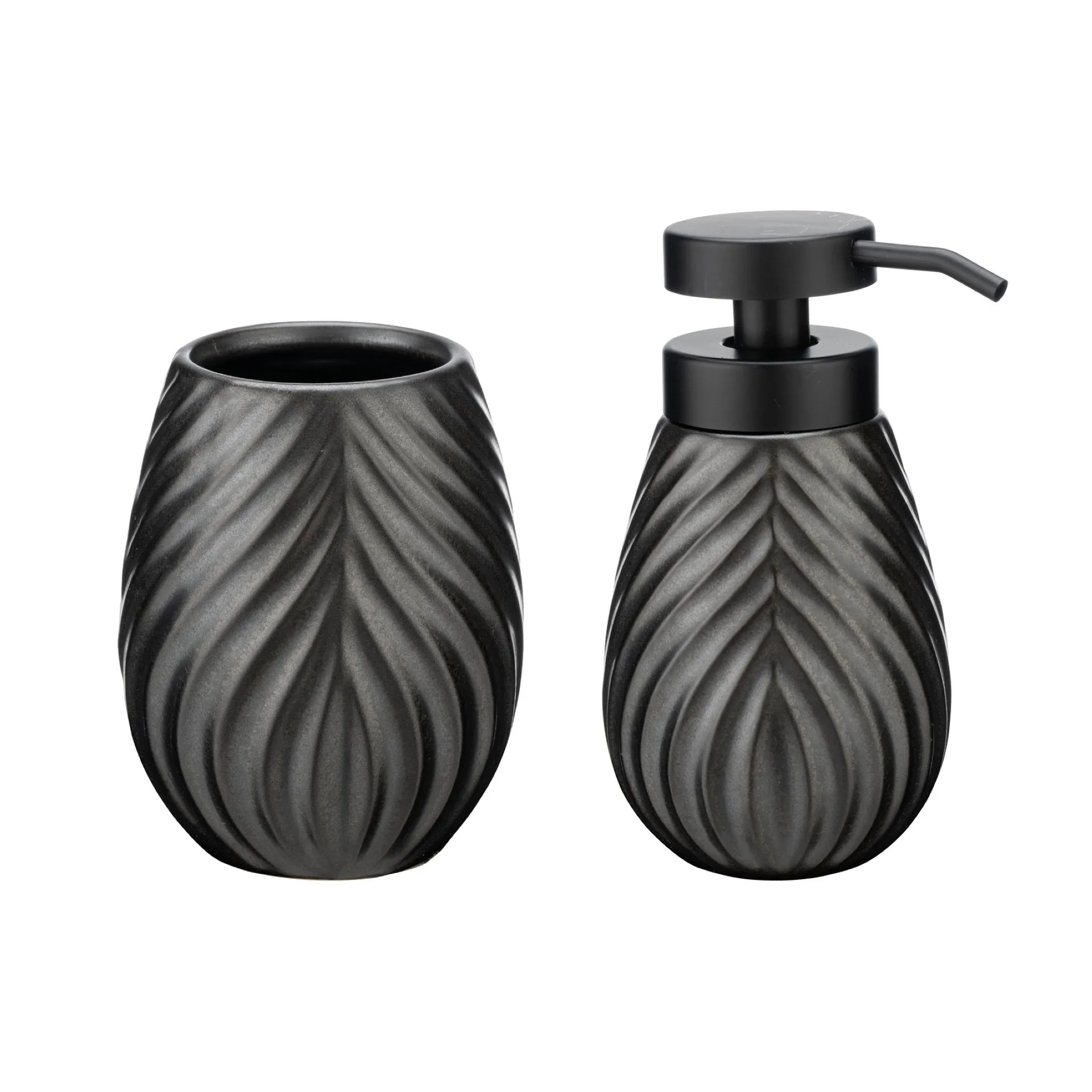 WENKO IDRO Accessoire Set, Schwarz, Zahnputzbecher, Seifenspender, Keramik
