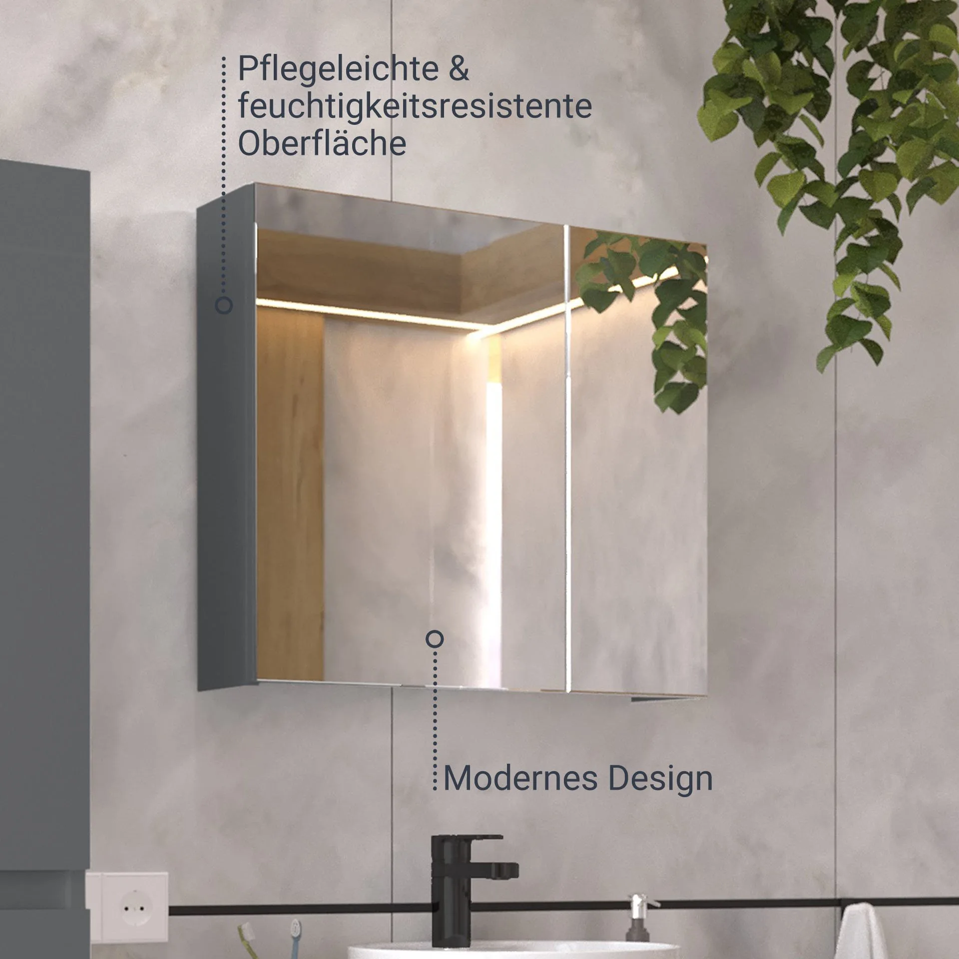 BADEDU GERS Spiegelschrank 60 cm breit, Grau