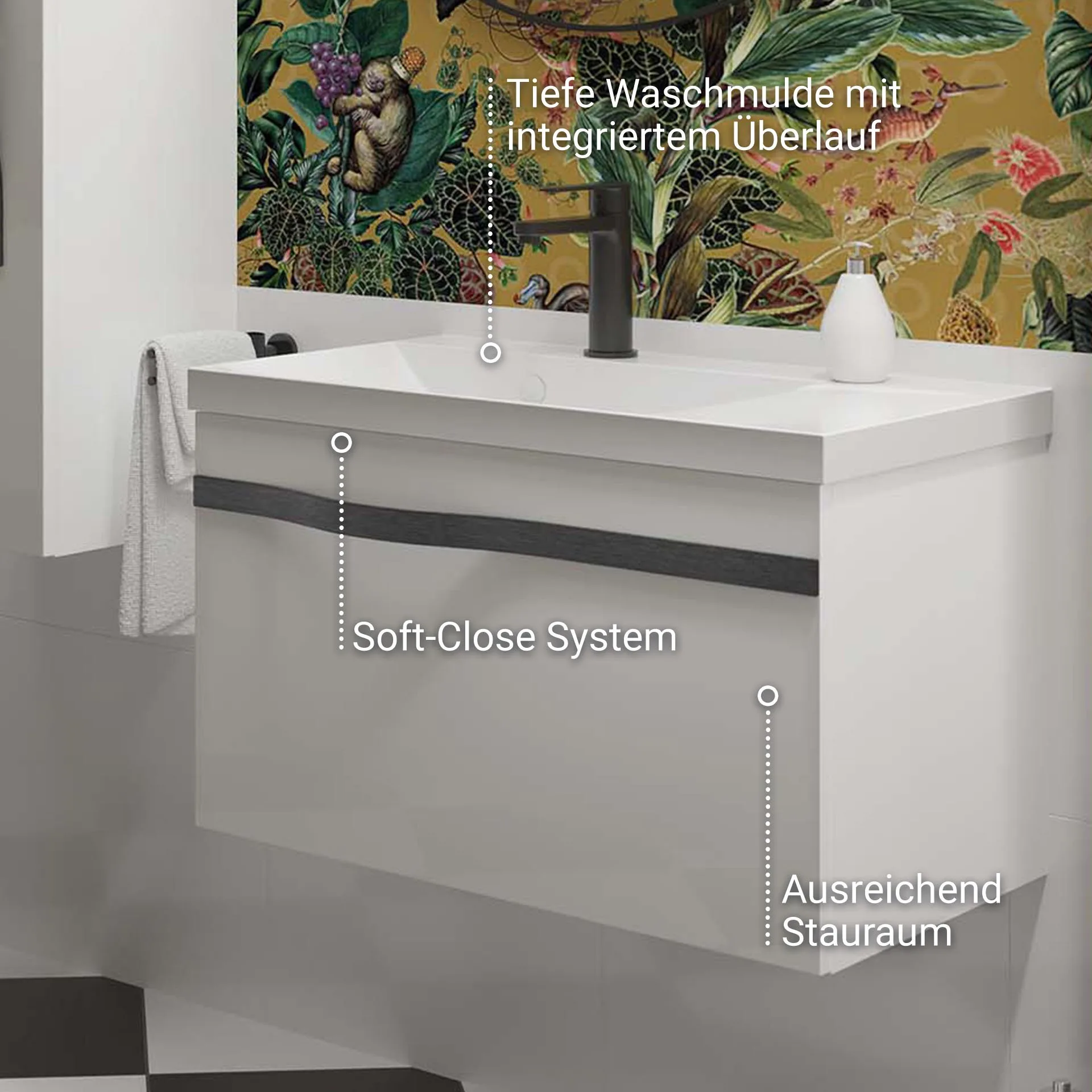 BADEDU FILS Waschbecken mit Unterschrank 69 cm breit, Weiß, Waschbecken Gussmarmor Weiß, Griff Schwarz