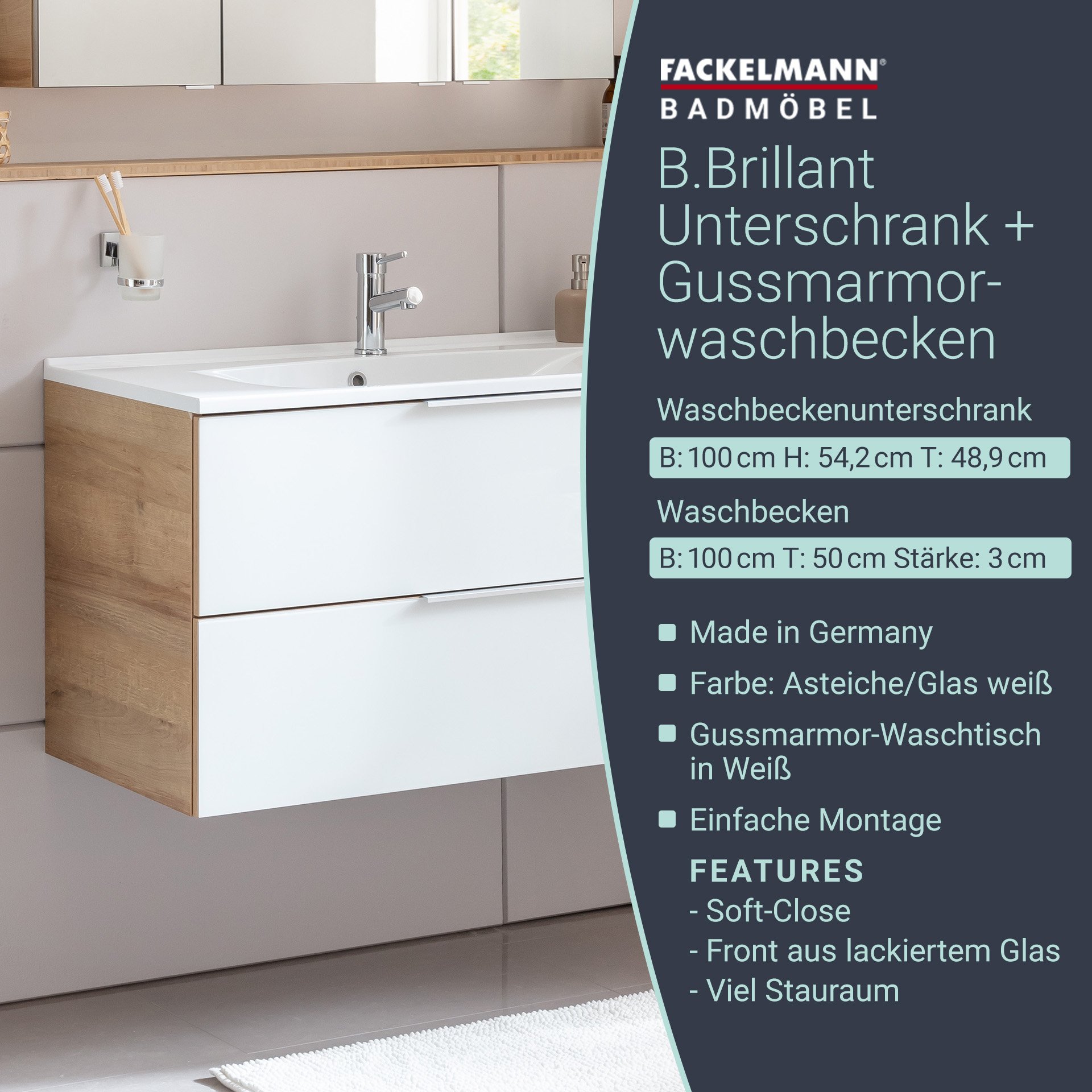 Fackelmann B.BRILLANT Badmöbel Set 2-teilig, 100 cm breit, Weiß Glas/Braun hell, Gussmarmor