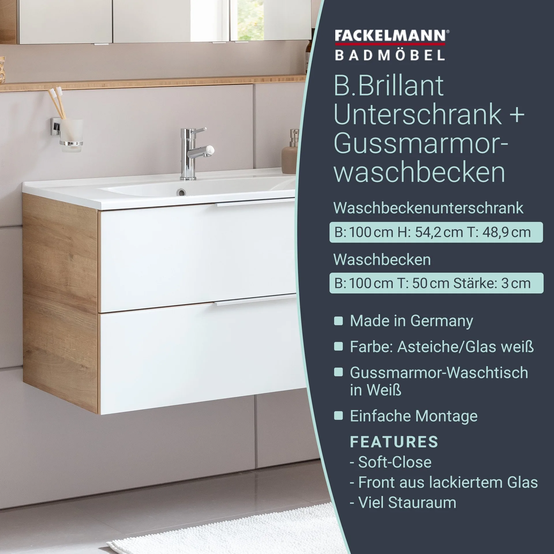 FACKELMANN B.BRILLANT Waschbecken mit Unterschrank 100 cm breit, Weiß Glas/Braun hell, Waschbecken Gussmarmor Weiß