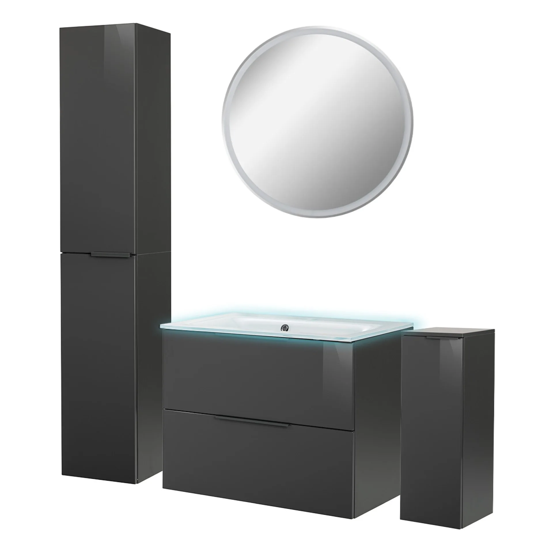 FACKELMANN LUNA Badmöbel Set 6-teilig 80 cm breit, Anthrazit, Waschbecken Glas Weiß + LED Spiegel + Hochschrank + Midischrank + Waschbeckenbeleuchtung