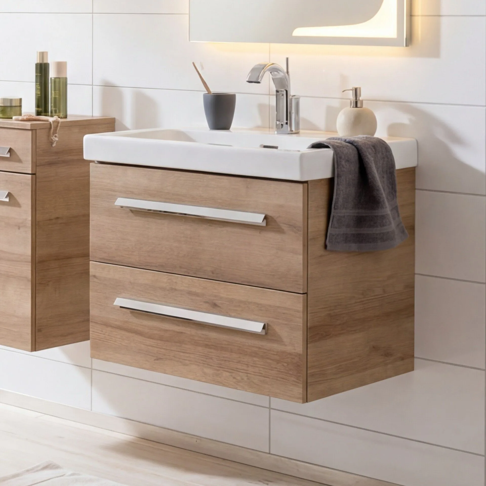 LANZET K1 Waschbecken mit Unterschrank 61 cm breit, Braun hell, Waschbecken Keramik Weiß