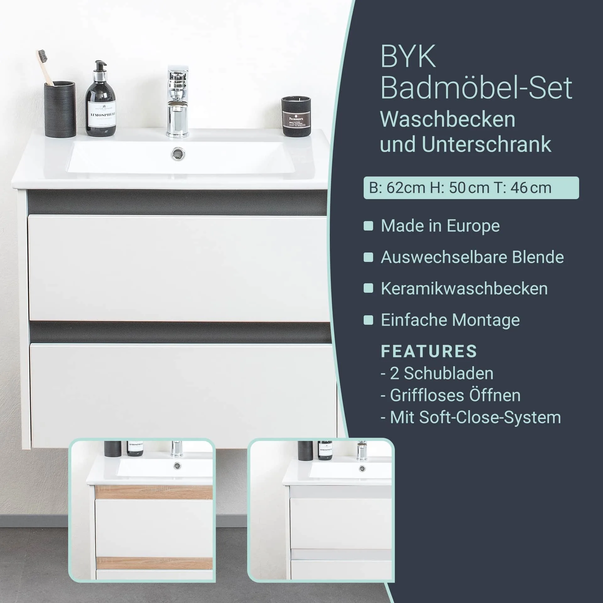 BADEDU BYK Waschbecken mit Unterschrank 60 cm breit, Weiß/Braun/Anthrazit, Waschbecken Keramik Weiß, Blende tauschbar