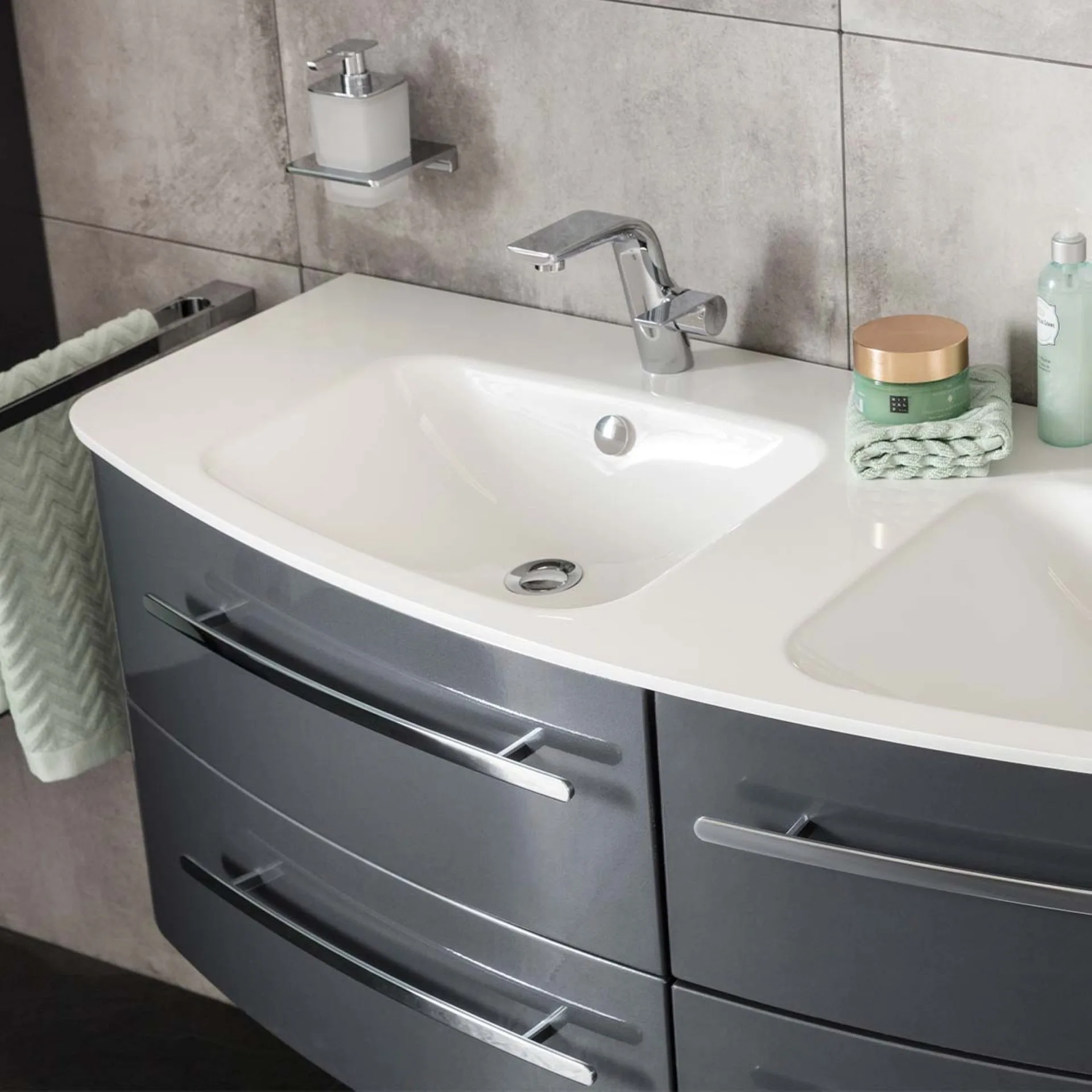 LANZET CLASSICO Waschbecken mit Unterschrank 140 cm breit, Anthrazit, Doppelwaschbecken Gussmarmor Weiß
