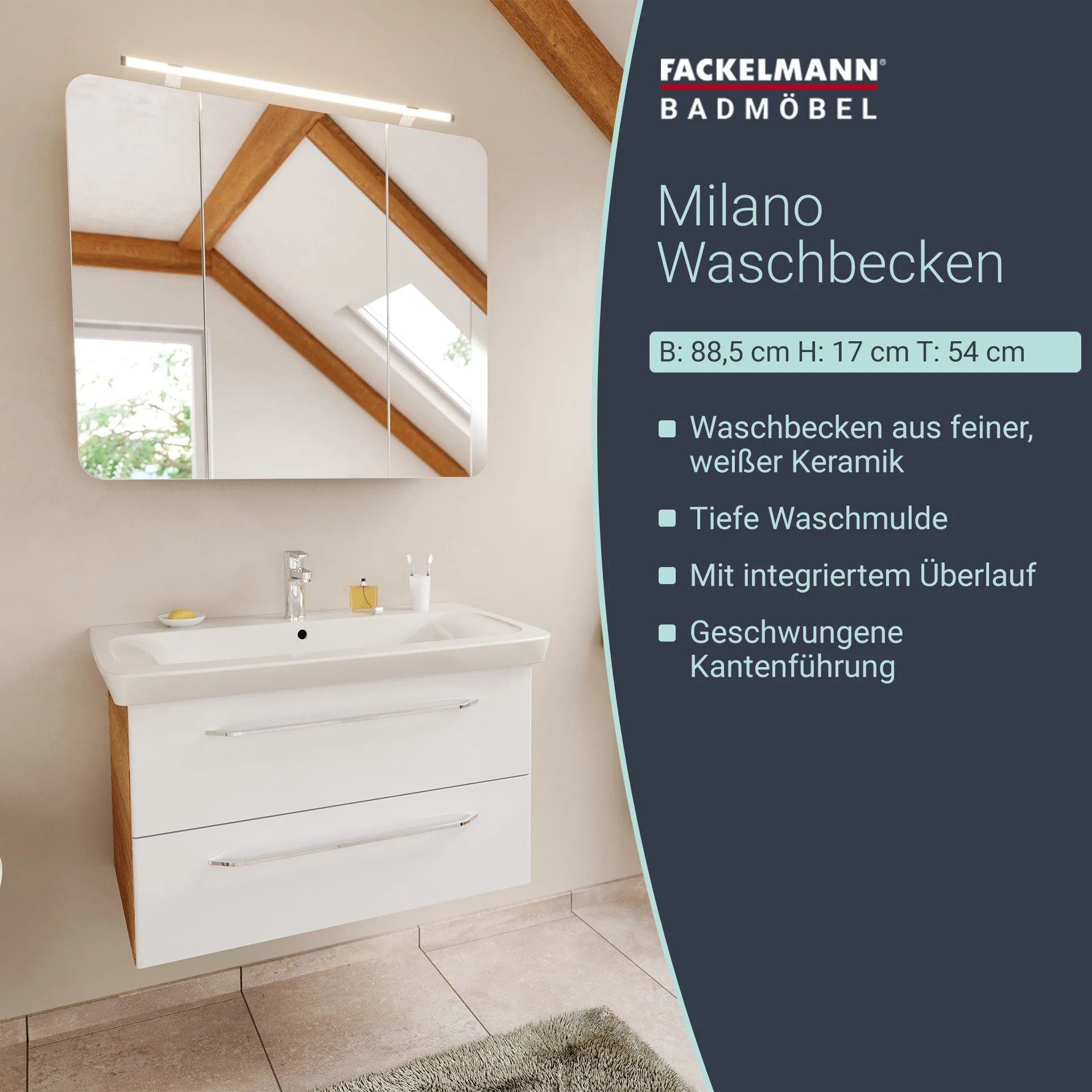 FACKELMANN MILANO Waschbecken 88 cm breit, Weiß, Keramik