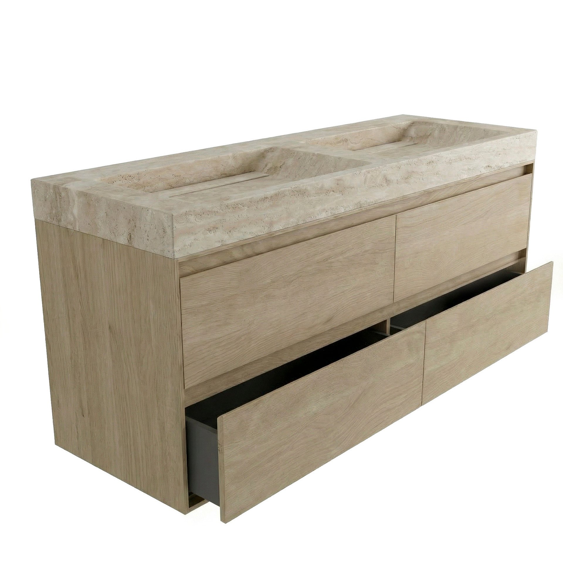 FORZALAQUA IBIZA BELLEZZA Waschbecken mit Unterschrank 160 cm breit, Braun hell, Doppelwaschbecken Naturstein Travertin matt ohne Hahnloch, 4 Schubladen