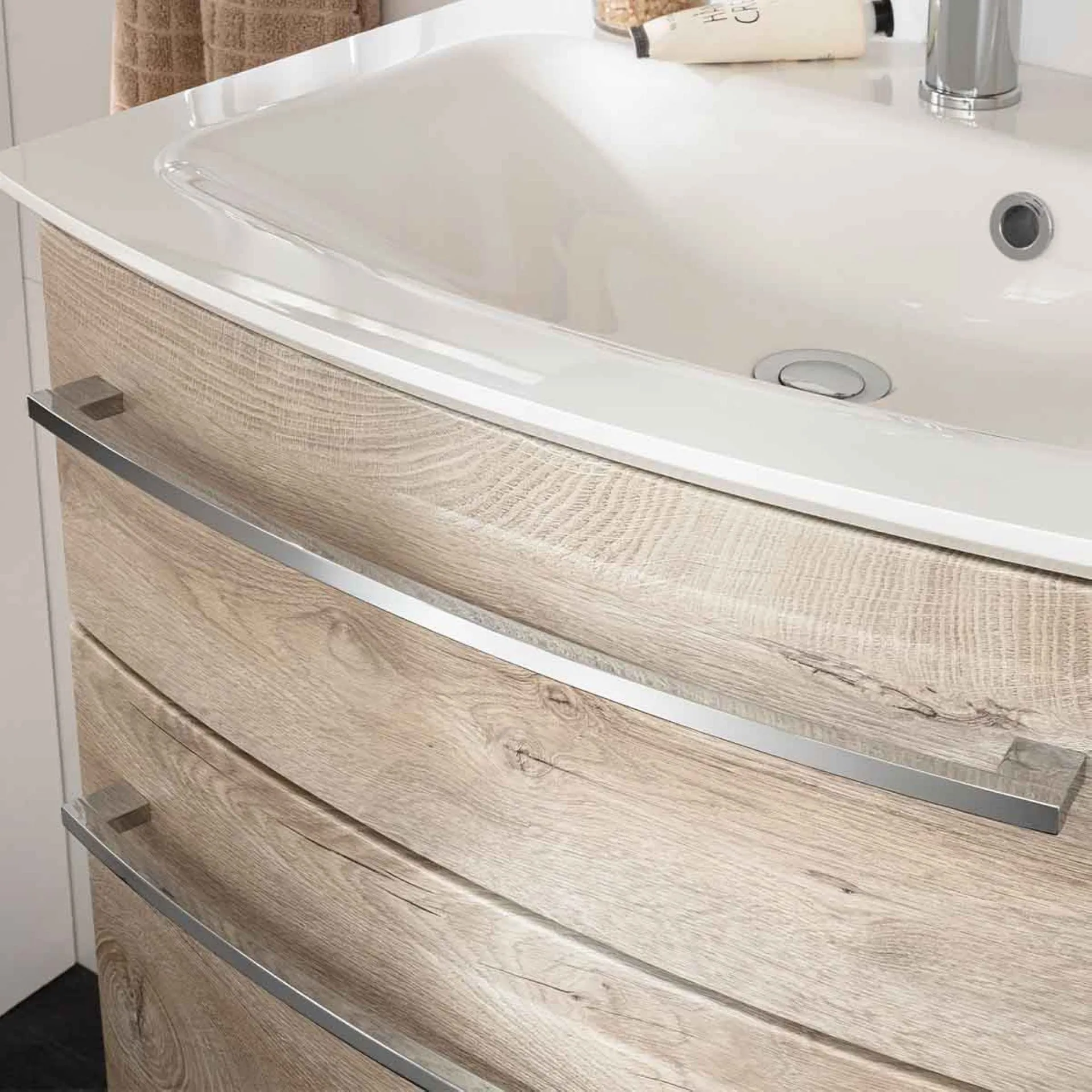 FACKELMANN B.STYLE Waschbecken mit Unterschrank 63 cm breit, Braun hell, Waschbecken Gussmarmor Weiß