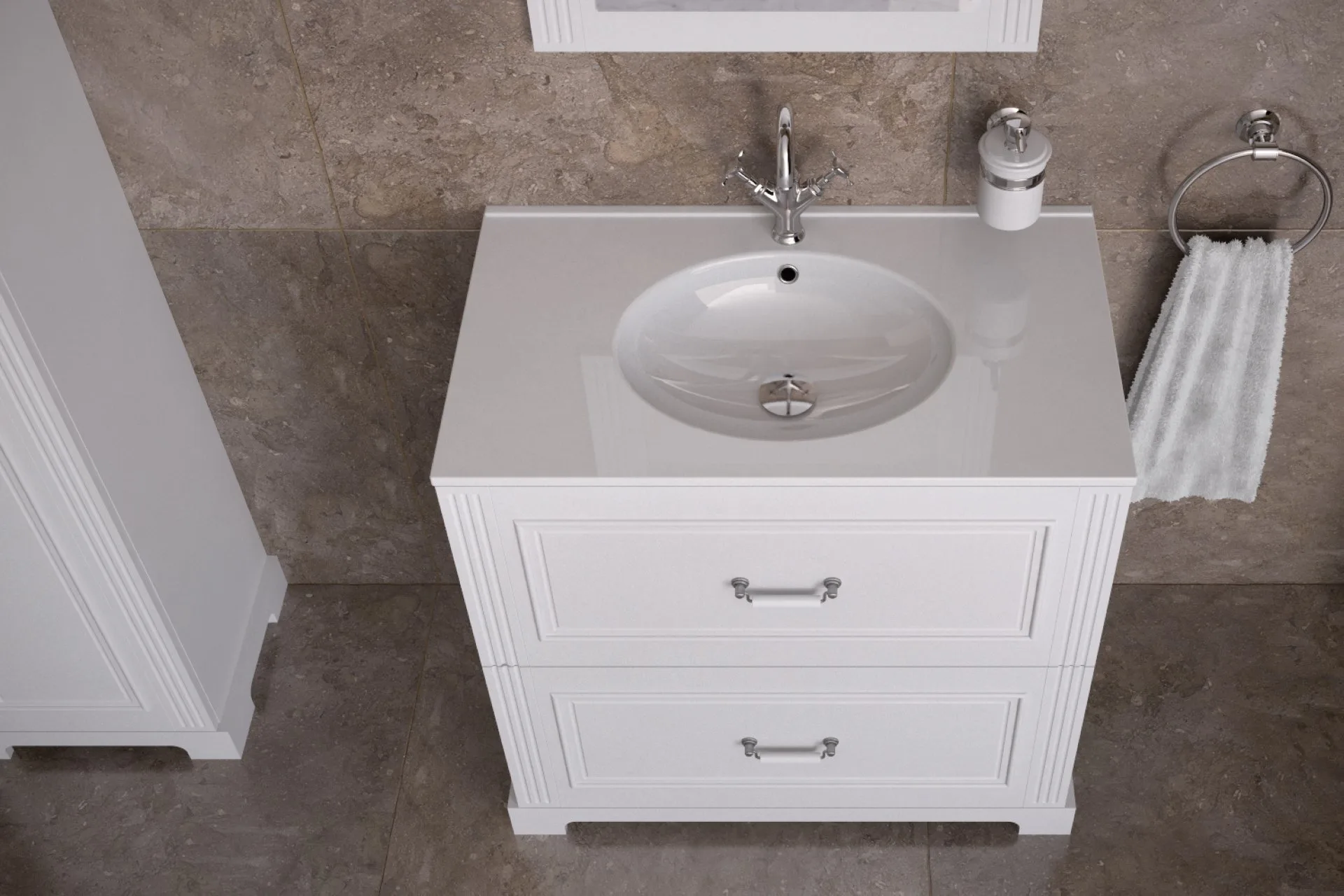 BADEDU RILA Waschbecken mit Unterschrank 80 cm breit, Weiß matt, Waschbecken Keramik Weiß, mit Füßen